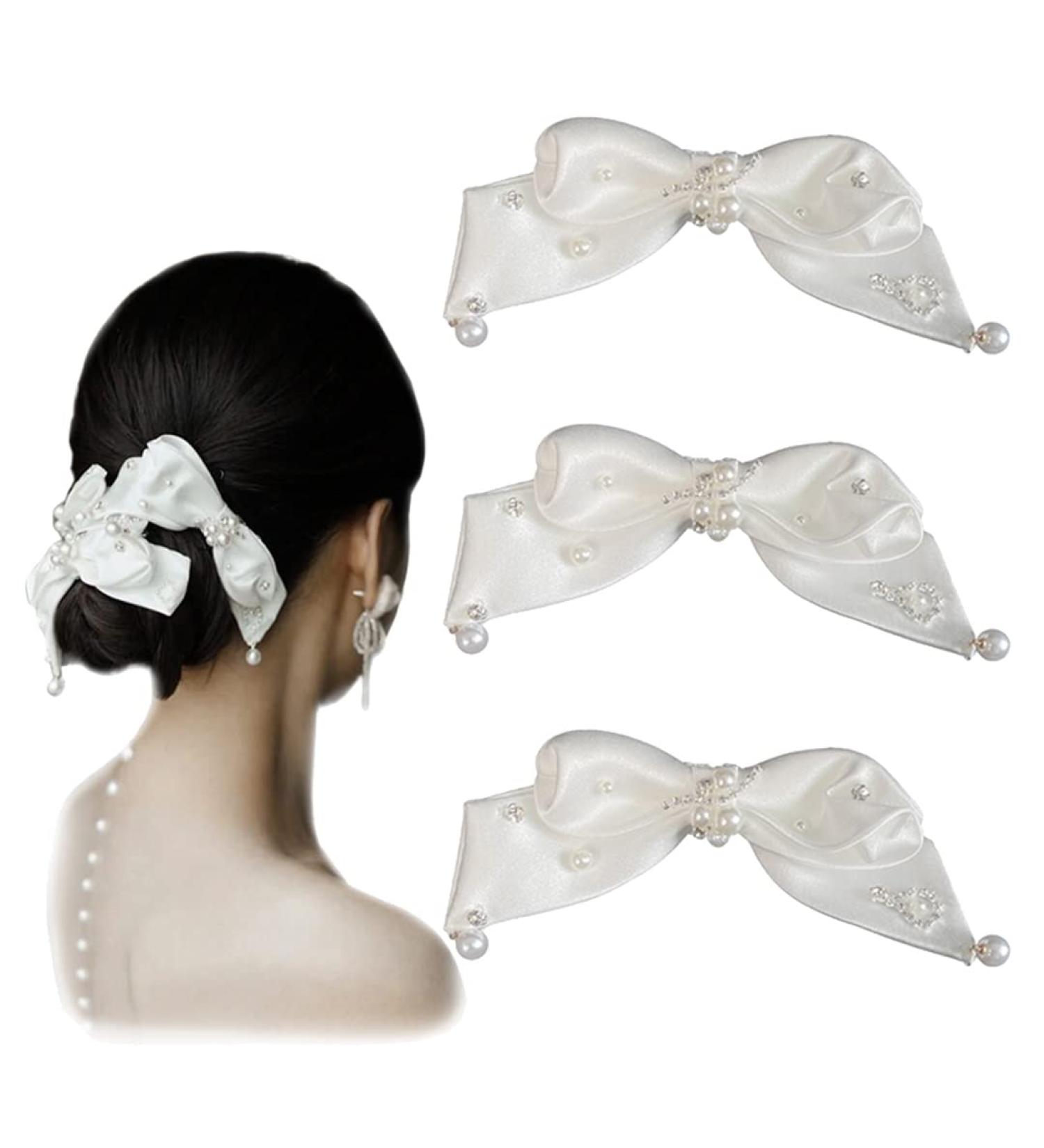 Elegant White Satin Hair Clips with Bow & Pearls - 3pcs Wedding Hair Accessories for Bride & Bridesmaid - Buy Online on GoSupps.com