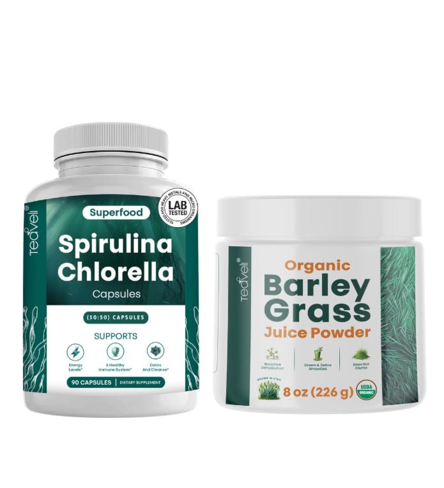 Teaveli Spirulina and Chlorella Capsules and Orgaic Barley Grass Juice Powder Bundle - Buy Online on GoSupps.com