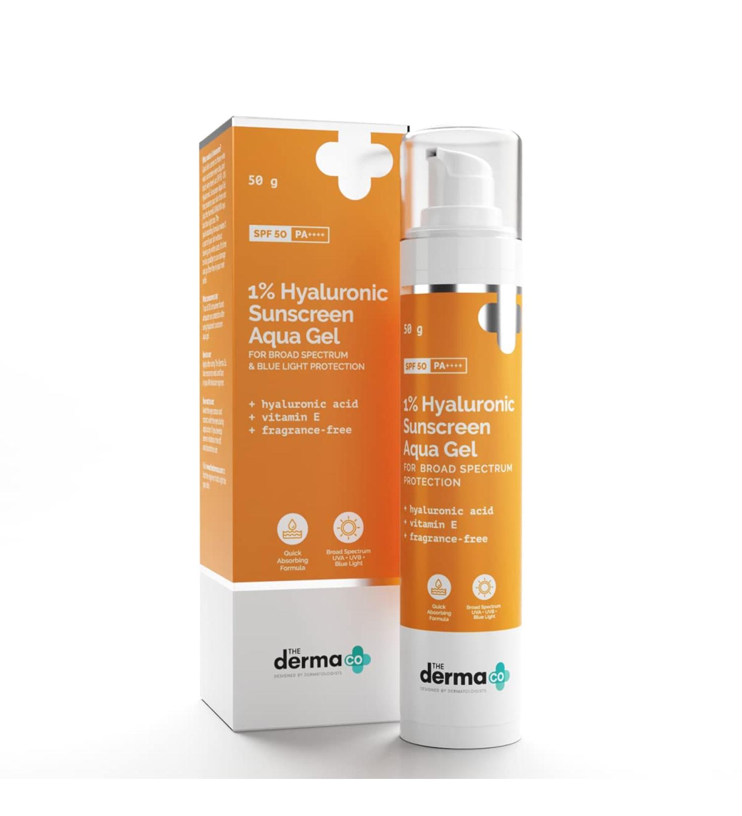 1% Hyaluronic Sunscreen Aqua Gel SPF 50 | Broad Spectrum UVA/B & Blue Light Protection | Lightweight Quick Absorbing | Vitamin E | 50g - Buy Online on GoSupps.com