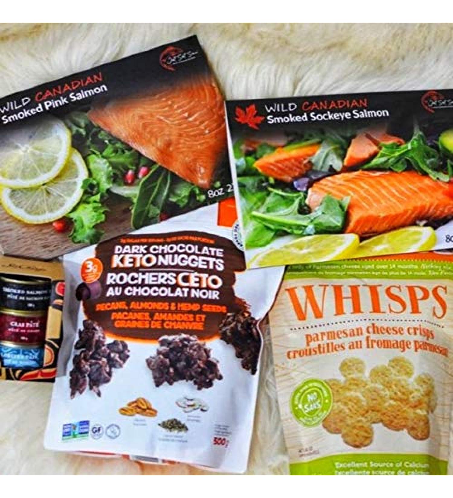 K-E-T-O Food Gift Pack with Wild Canadian Smoked Salmon Whisps Crackers Chocolate Nuggets and Crab Lobster and Salmon Pate - Buy Online on GoSupps.com