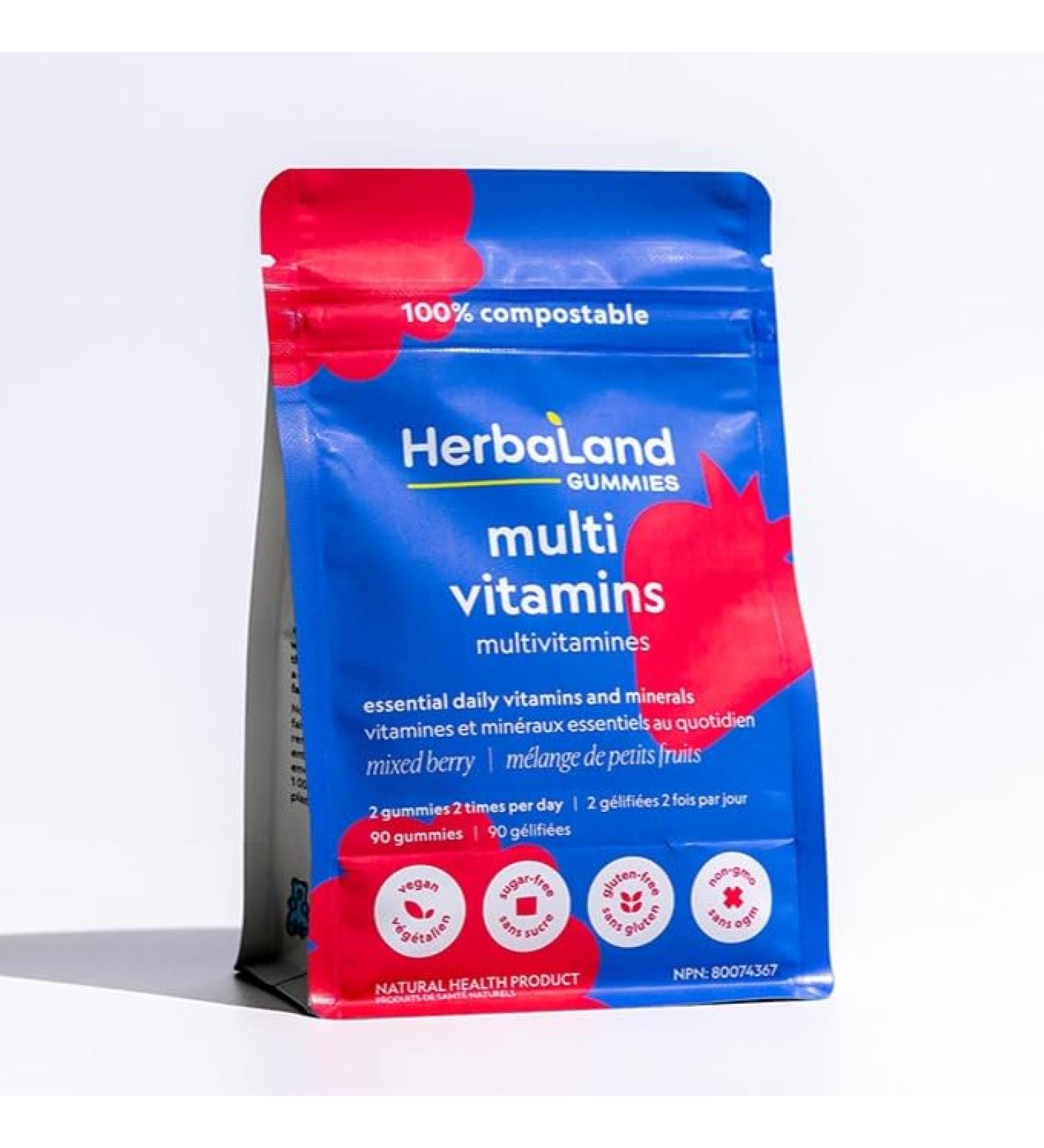 Herbaland Vegan Multivitamins Gummies for Adults - 90 Count Sugar-Free Organic Supplement with 13 Essential Vitamins - Vitamin A, C, D3, E, B6, B12, Zinc - Mixed Berry Flavor - Buy Online on GoSupps.com