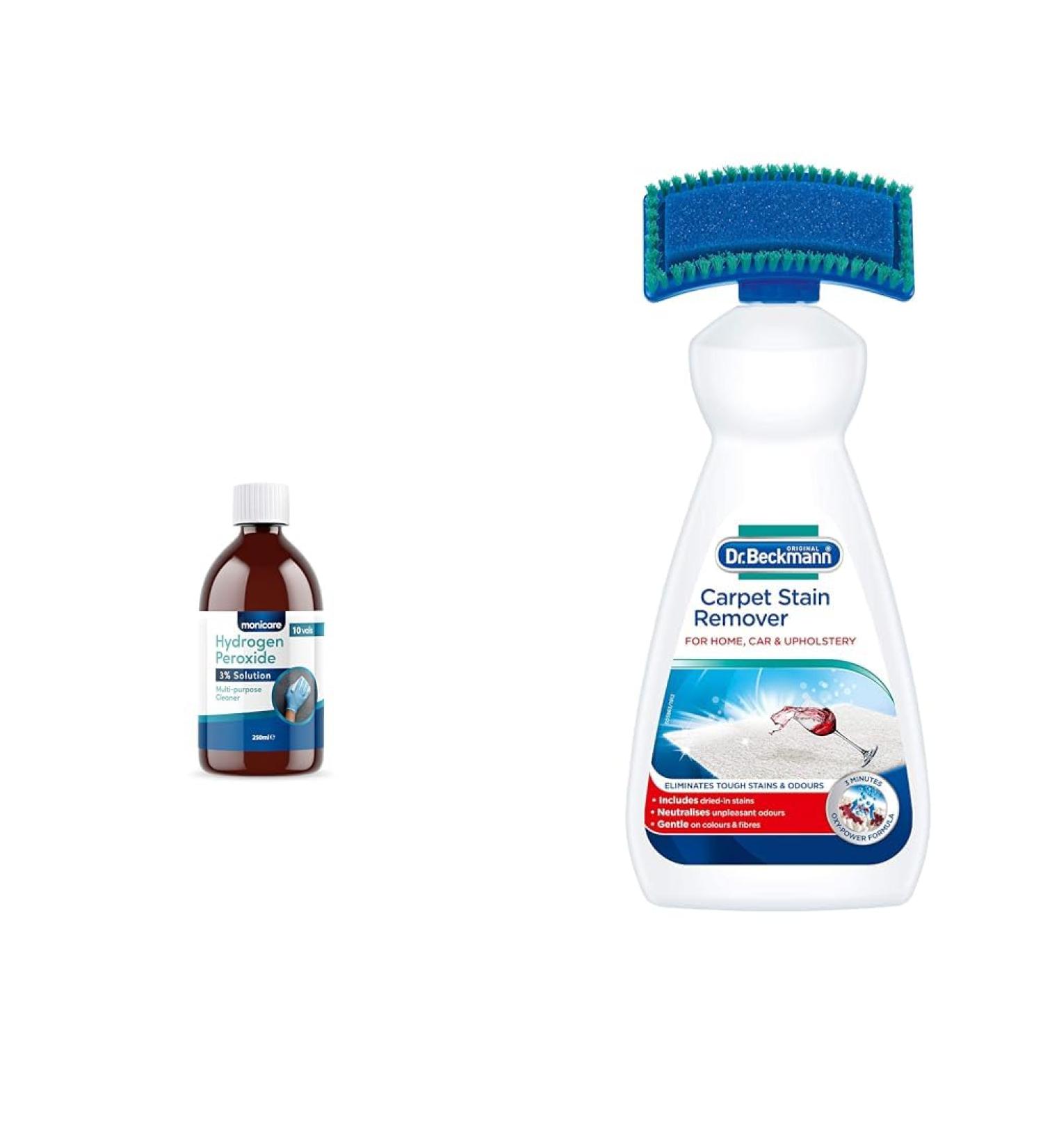 Monicare Hydrogen Peroxide 3% -250ml 10 Vols Clear & Dr. Beckmann Carpet Stain Remover | Removes New and Dried-in Stains | Includes Applicator Brush 250 ml (Pack of 1) + Carpet Stain Remover 650ml - Buy Online on GoSupps.com