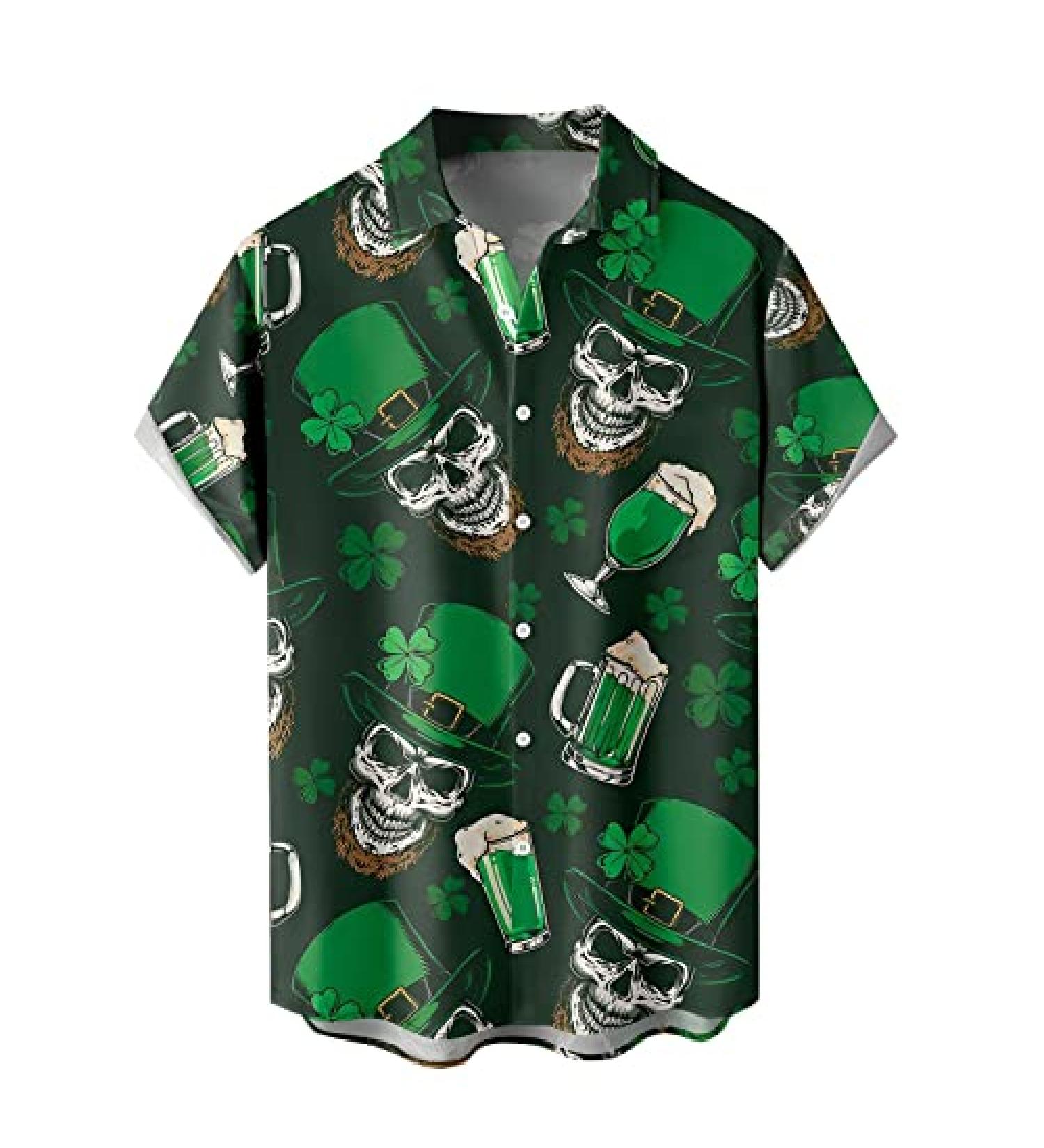 St. Patrick's Day Men's Short Sleeve Green Graphic Button Down Shirt - Plus Size Bowling Shirt | Medium - Buy Online on GoSupps.com