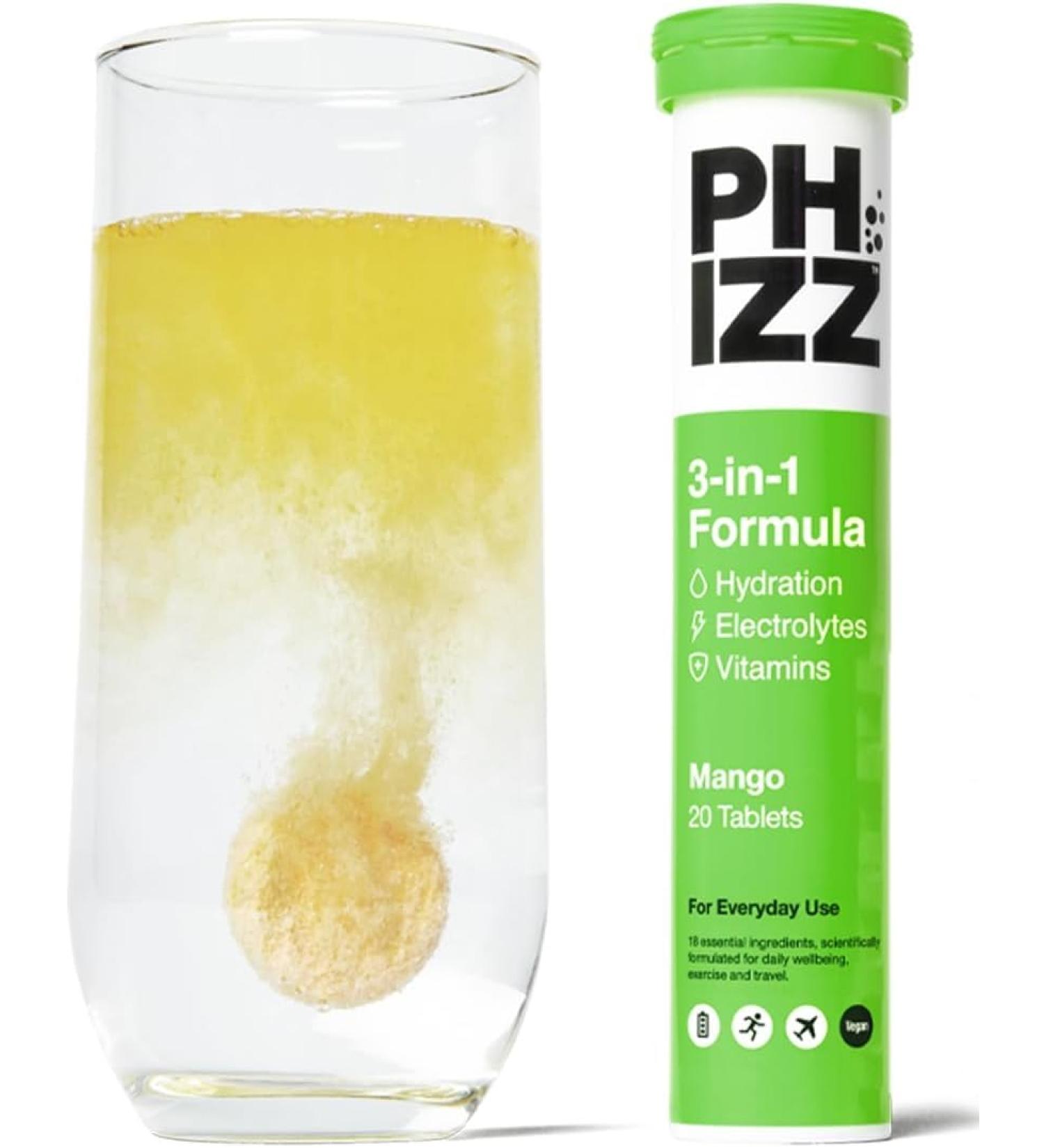Phizz Electrolytes Multivitamins & Hydration Tablets - 20 effervescent rehydration tablets - 18 vitamins and minerals vitamin C vegan vegetarian and low calorie (mango) - Buy Online on GoSupps.com
