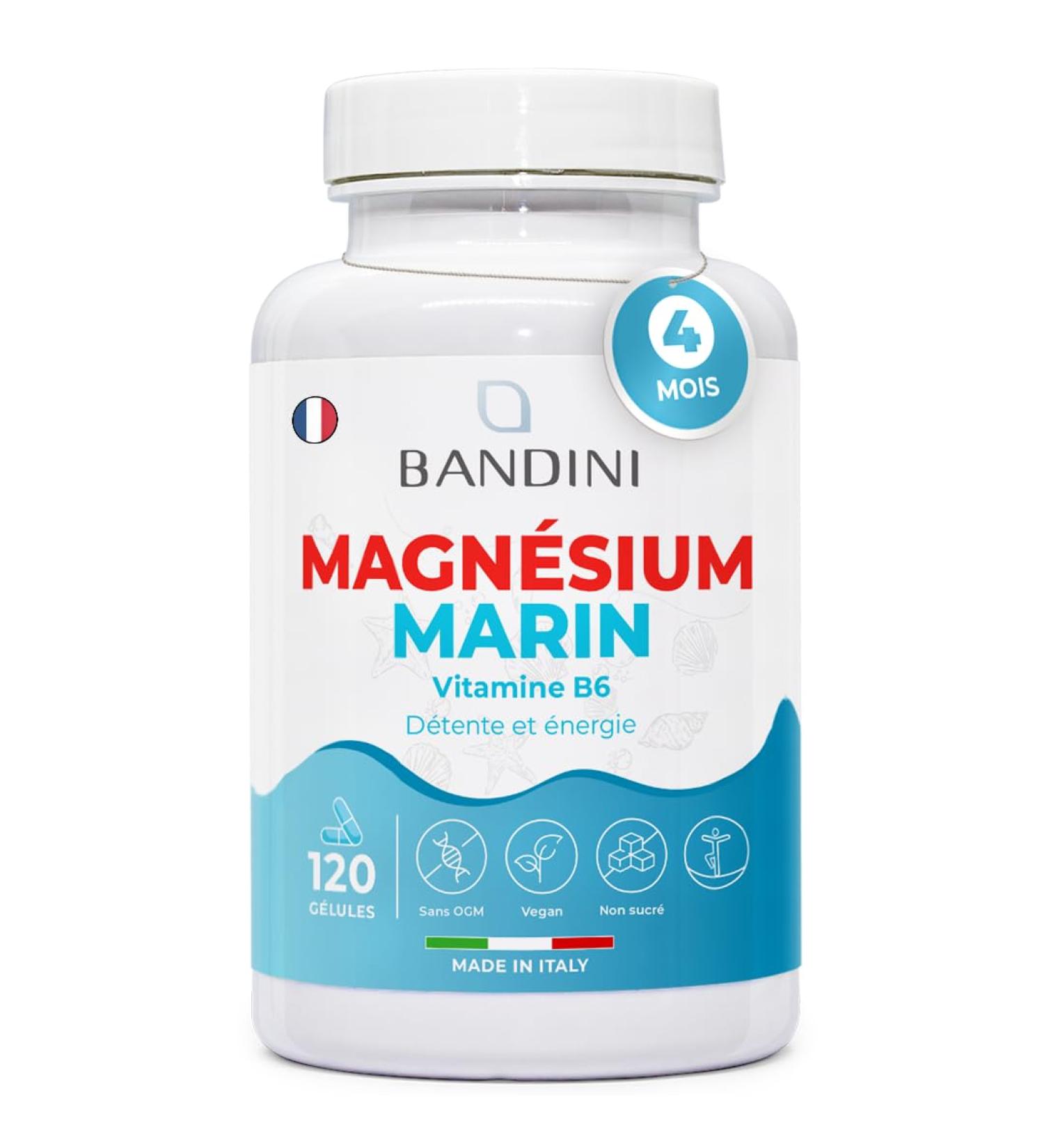 Bandini Marine Magnesium and Vitamin B6 | Fights Fatigue Anxiety and Stress | 200 mg/day | 120 Veggie Capsules | 4 months treatment | Promotes Sleep Muscle Regeneration and Immune System - Buy Online on GoSupps.com