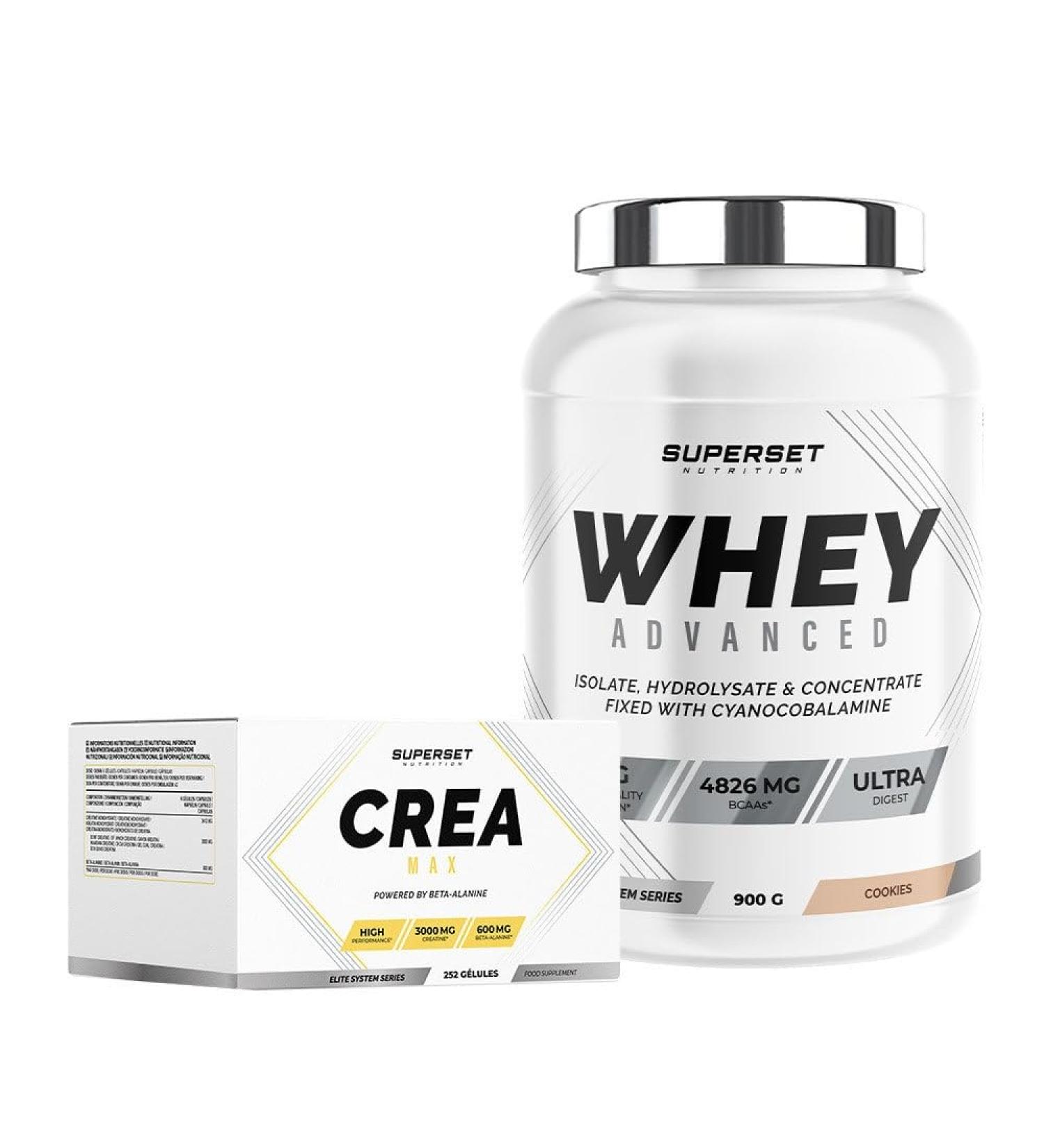 Superset Nutrition | Advanced Dry Muscle Gain Program - 100% Whey Protein Advanced 900g Cookies - Cr a Max | Maximizes muscle volume and boosts PTO in 4 weeks - Buy Online on GoSupps.com