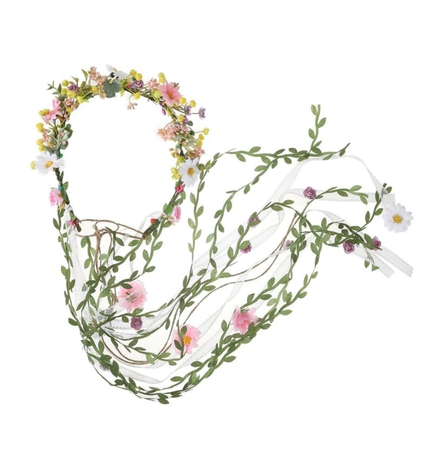 Delicate Flower Crown Ethnic Style Girls Cosplay Fairy Hair Hoop Bride Wedding Party Headband with Long Leaves Tassels - Buy Online on GoSupps.com