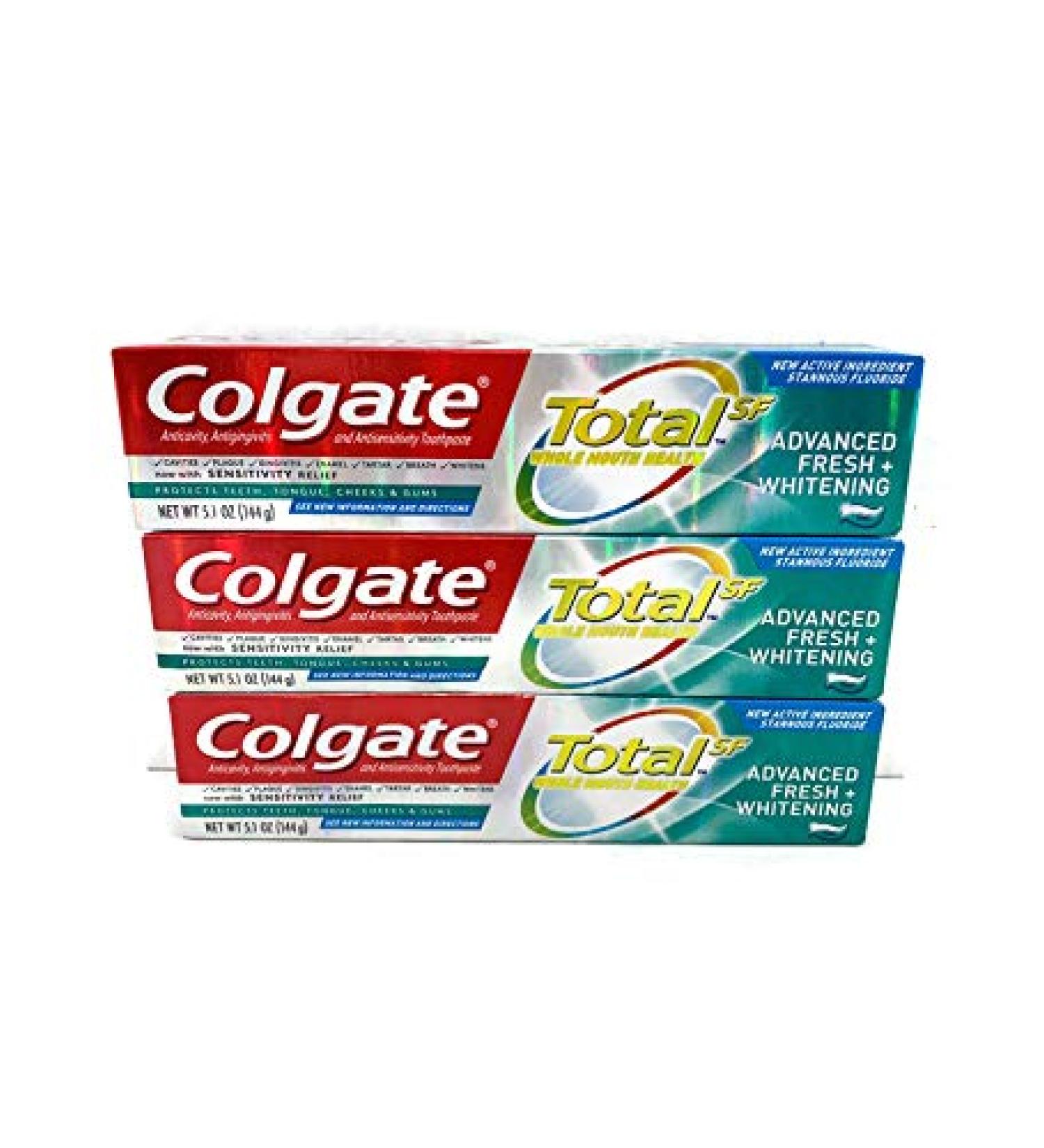 Colgate Total SF Toothpaste - Advanced Fresh + Whitening - Gel - Net Wt. 5.1 OZ (144 g) Per Tube - Pack of 3 Tubes