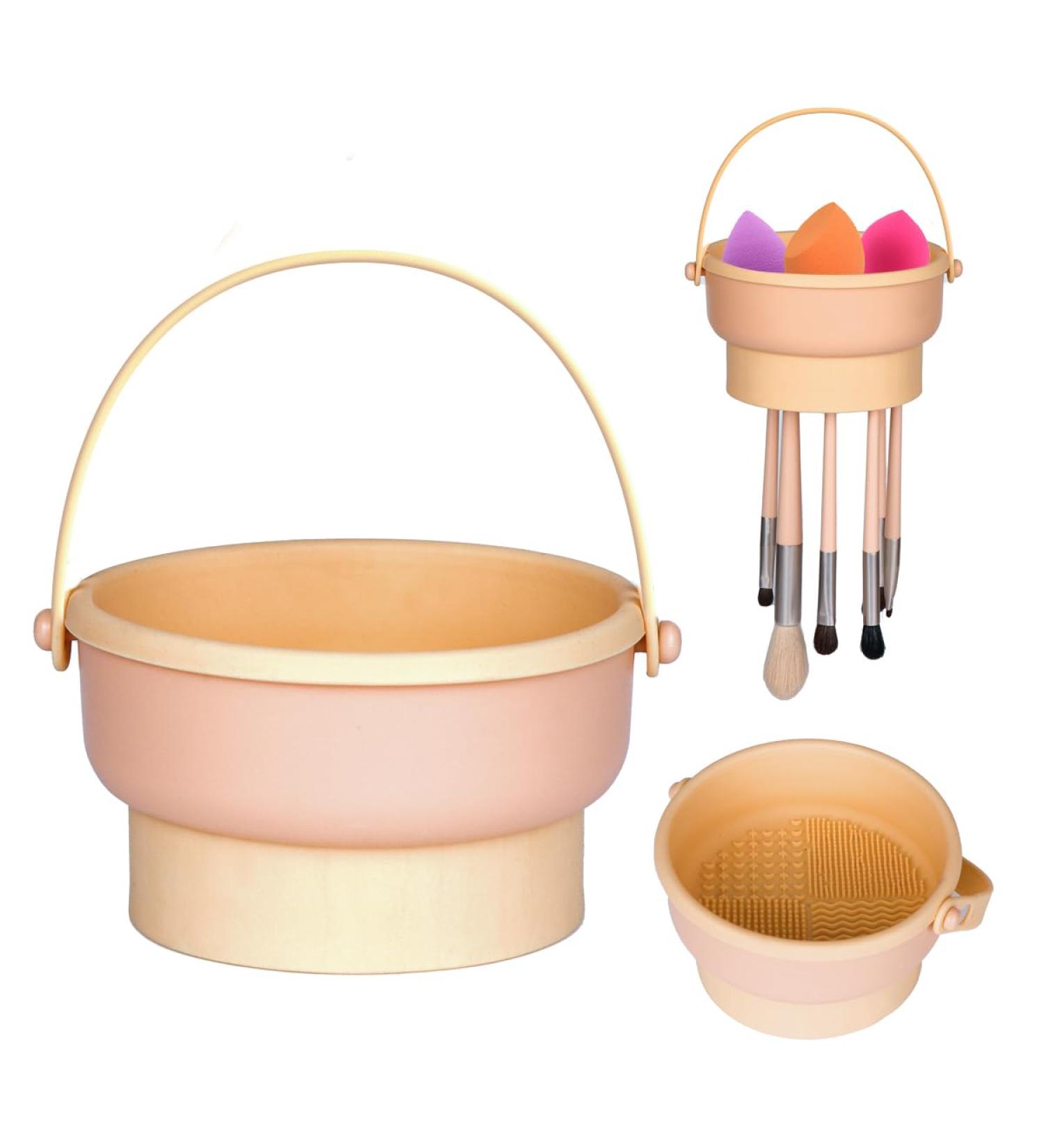Buy 3-in-1 Silicone Makeup Brush Cleaning Mat - Portable Brush Cleaner Bowl with Drying Holder | Large Beige Cosmetic Brush Cleaner - Buy Online on GoSupps.com