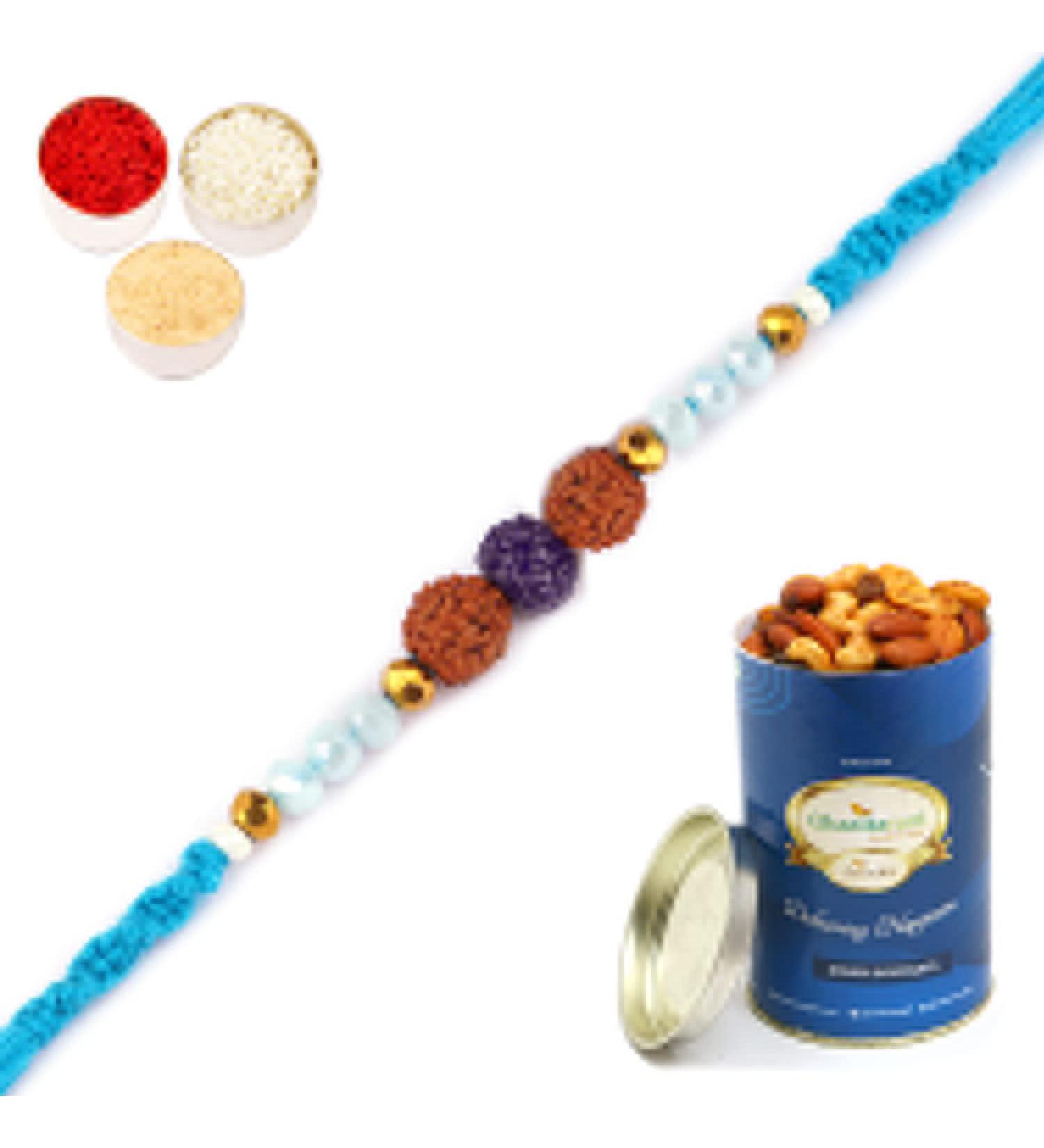 Ghasitaram Gifts Rakhi for Brother Rakhis Online 1907- Rudraksh Rakhi with 100 GMS of Dryfruits Mix Can Rakhi Set with 100 gms of Dryfruits Mix Can - Buy Online on GoSupps.com