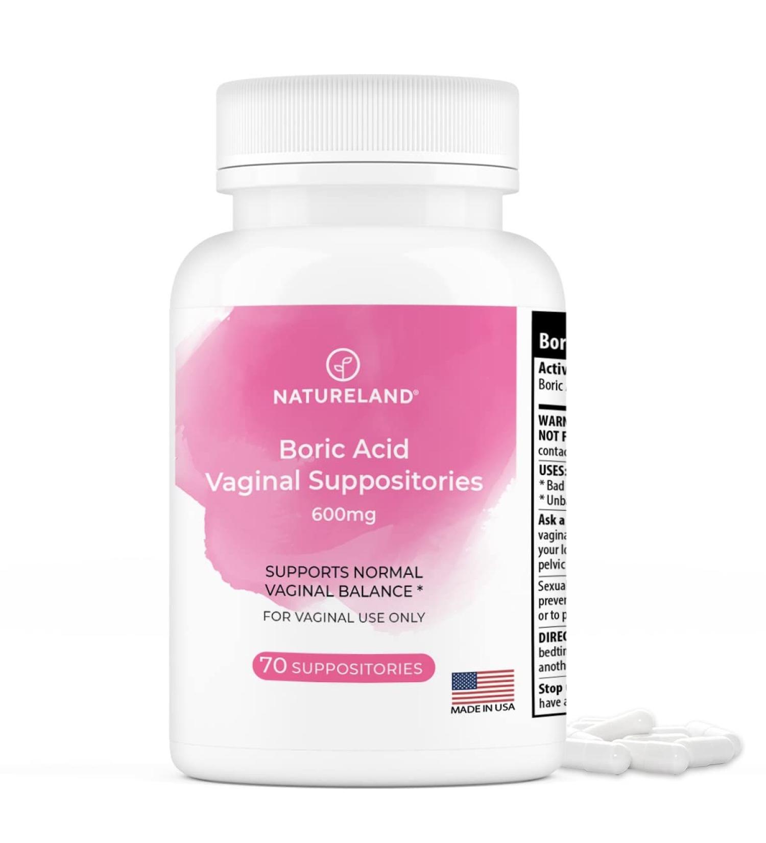 Natureland 600mg Vaginal Suppositories Made in USA Restore pH Balance and Reduce Dryness Odors Itchiness and Discharge Support Intimate Health (70 Count (Pack of 1)) 1 Count (Pack of 70)