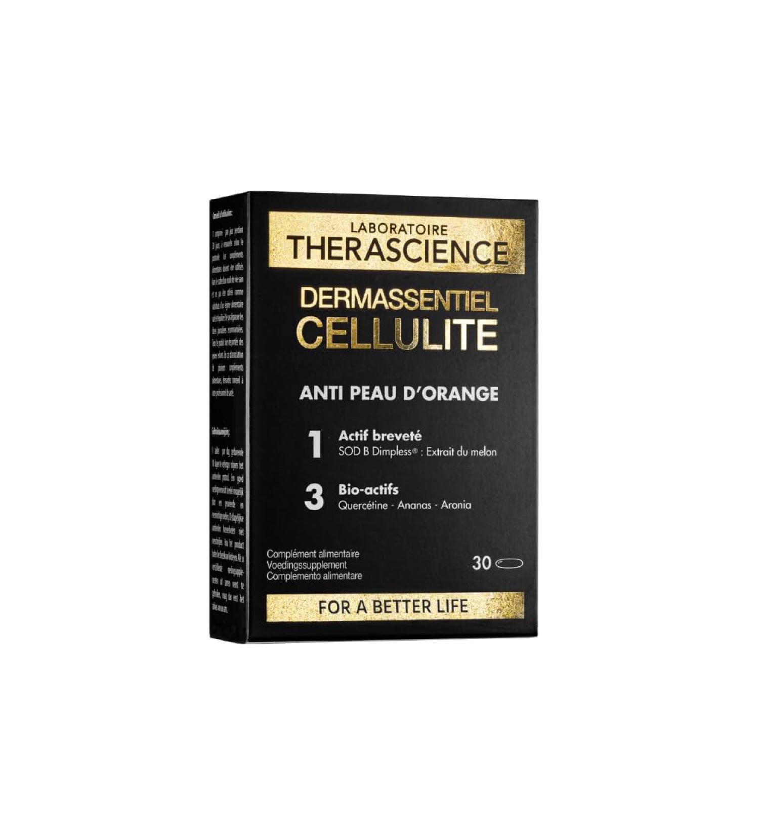 DERMASSENTIEL CELLULITE | Anti-cellulite action | Clinically proven efficacy | Melon Superoxide Dismutase | 3 bioactives Quercetin Bromelain Aronia | | 30 tablets | THERASCIENCE Laboratory - Buy Online on GoSupps.com