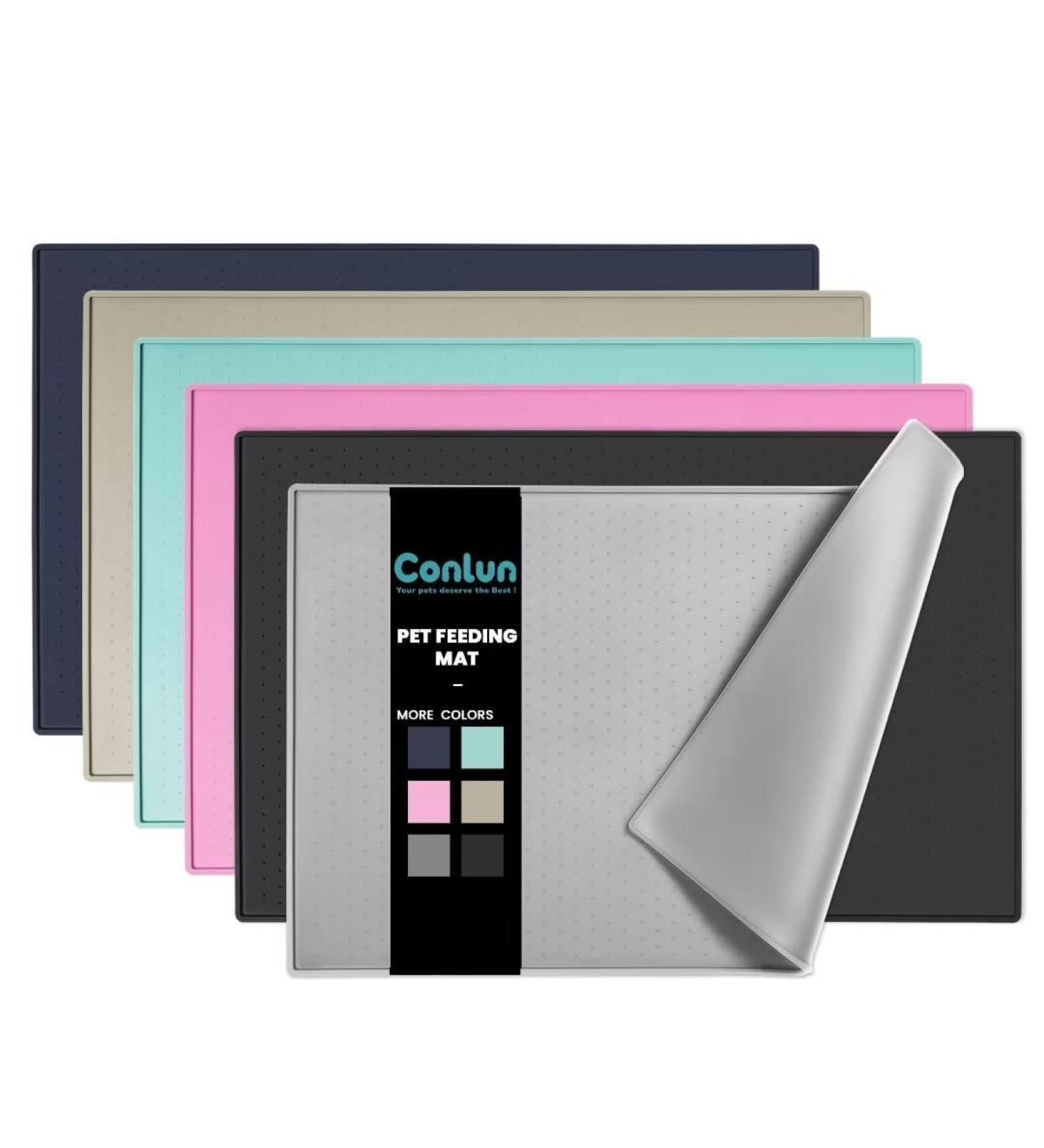 Conlun Silicone Pet Food Mat | Anti-Slip & Waterproof | Raised Edge Design | Easy to Clean | Dishwasher Safe | Grey - 60 x 40 cm - Buy Online on GoSupps.com