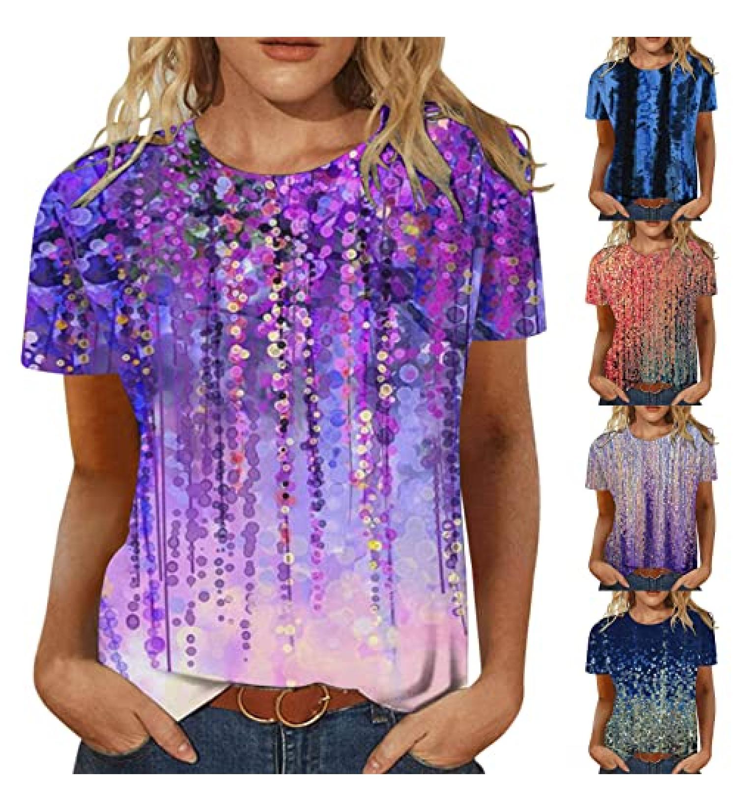 Women's Summer Floral Printed Short Sleeve Top - Purple - X-Large | Comfy Casual Blouse T-Shirt - Buy Online on GoSupps.com