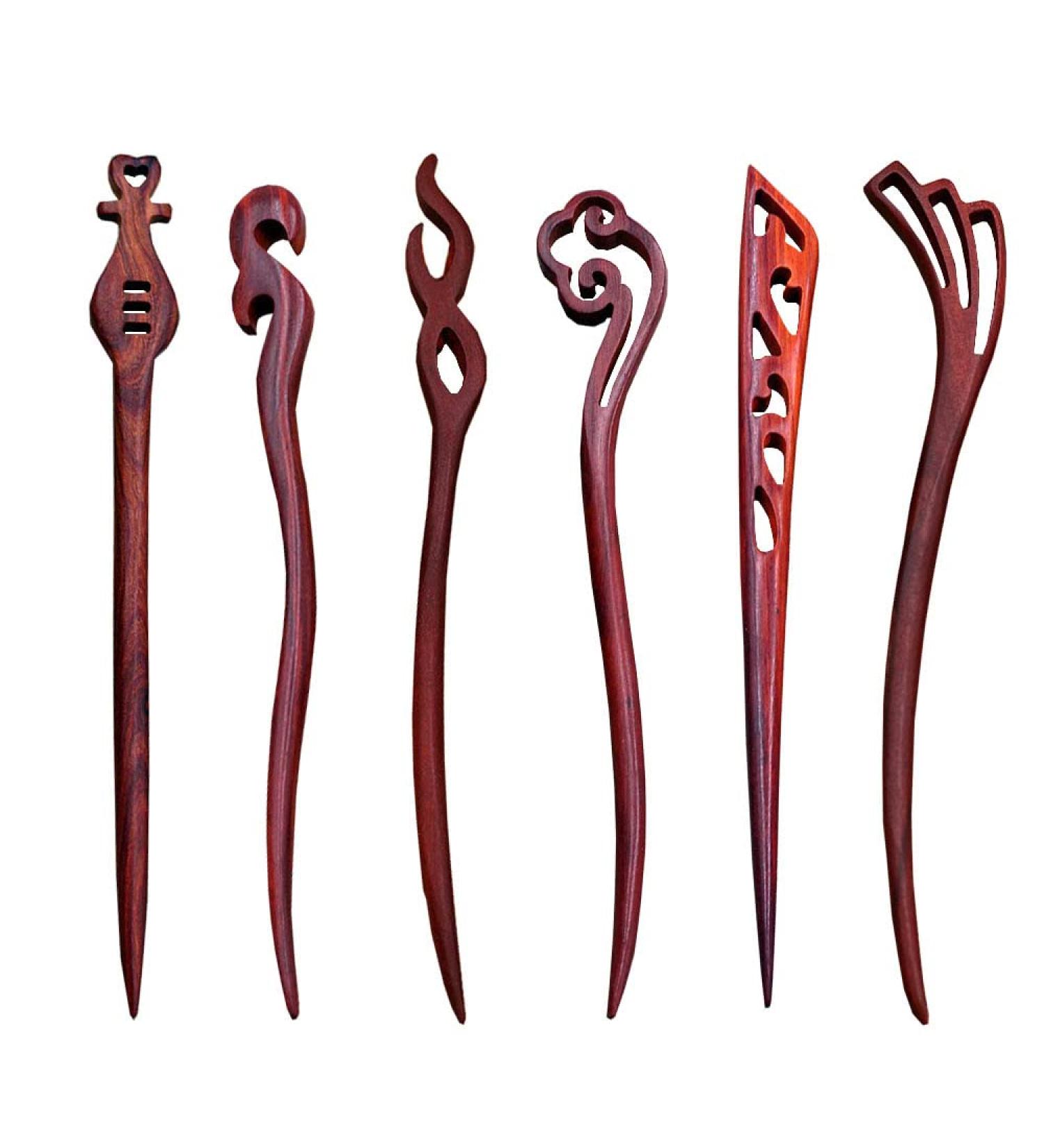 Vintage Chinese Hairpins - 6 Wooden Hair Clips Stylish Hair Sticks for Women & Girls - Red - Buy Online on GoSupps.com