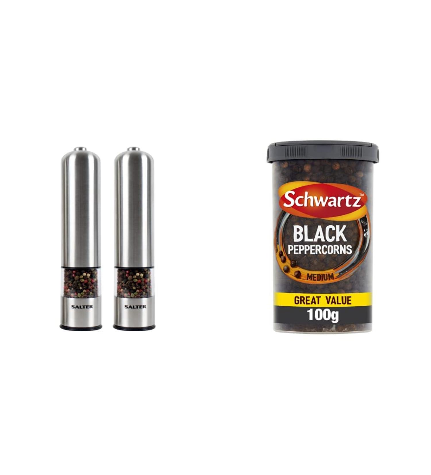 Salter 7722 SSTURA Electric Salt and Pepper Grinder Set Electronic Spice Mills & Schwartz Medium Black Peppercorn Drum 100 G | Mild Heat Spicy Kick and Hot Biting Flavour - Buy Online on GoSupps.com