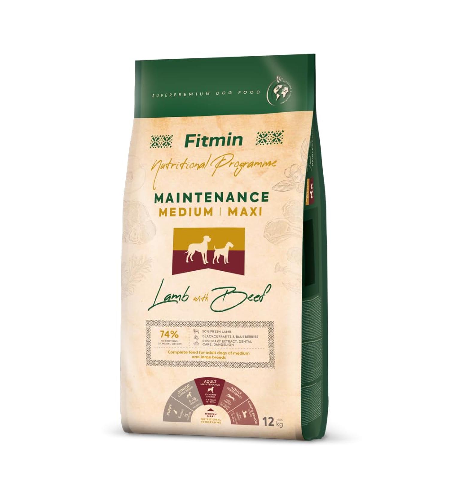 Fitmin Medium Maxi Maintenance Lamb with Beef | Dry dog food | With lamb and beef | 74% animal raw materials | For adult dogs of medium and large breeds | 12 kg or 2.5 - Buy Online on GoSupps.com