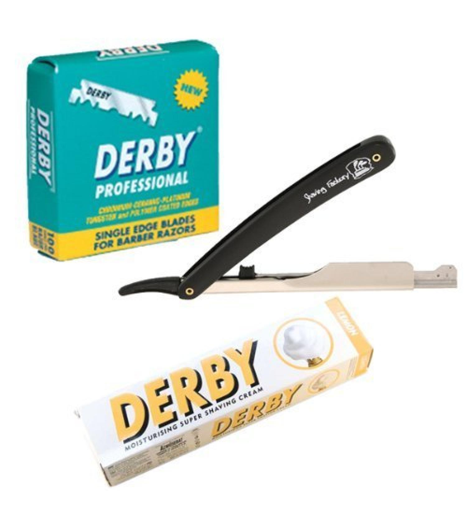 SF209-Shaving Factory Straight Razor (Black) 100 Derby Professional Single Edge Razor Blades and Derby Shaving Cream (Lemon scent). Great Valentines Day Gift Set For Men.