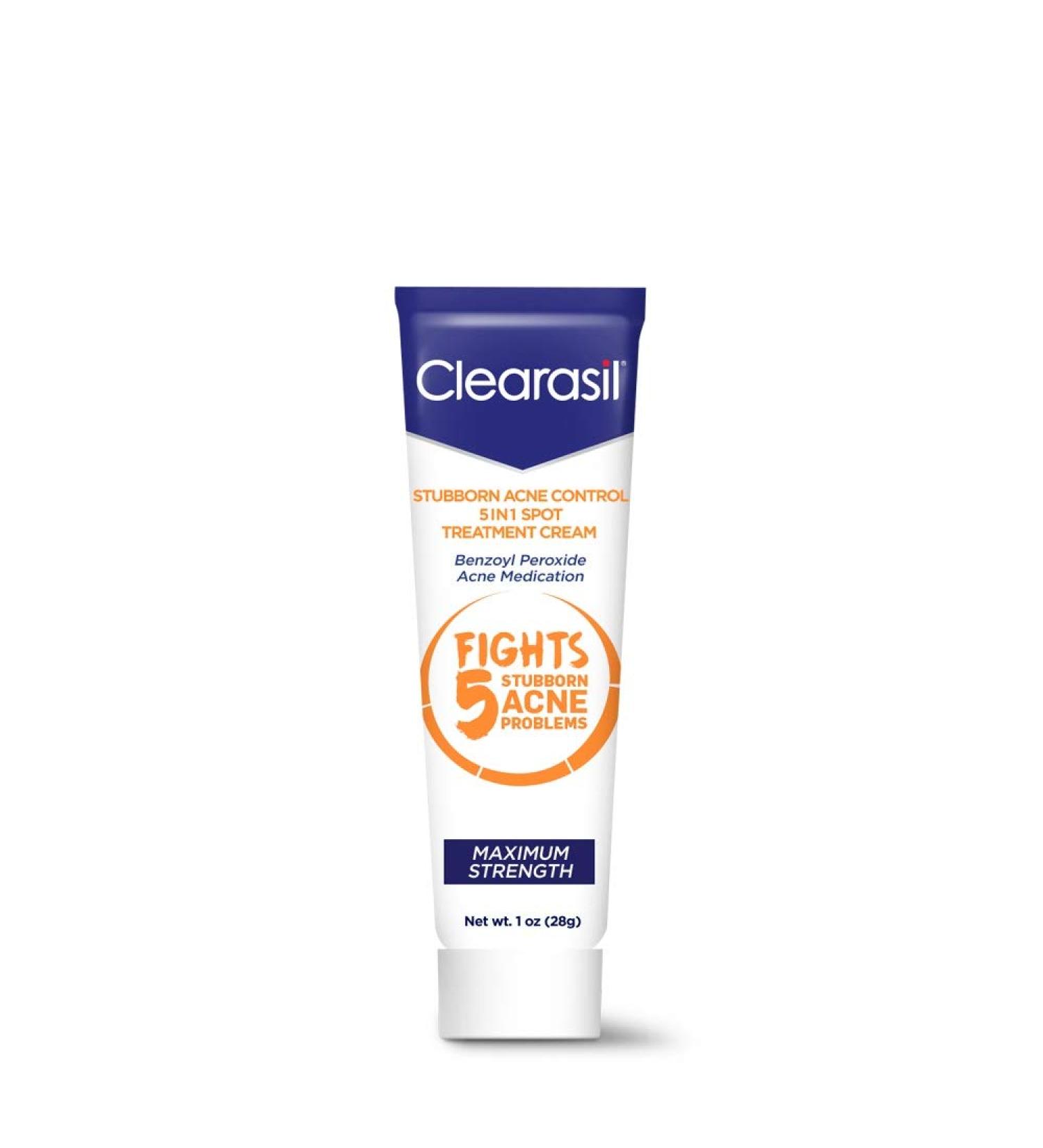 Clearasil Stubborn Acne Control 5 in 1 Spot Treatment Cream 1 oz - Maximum Strength Benzoyl Peroxide Medication for Blocked Pores, Pimple Size, Excess Oil, Acne Marks & Blackheads - Buy Online on GoSupps.com