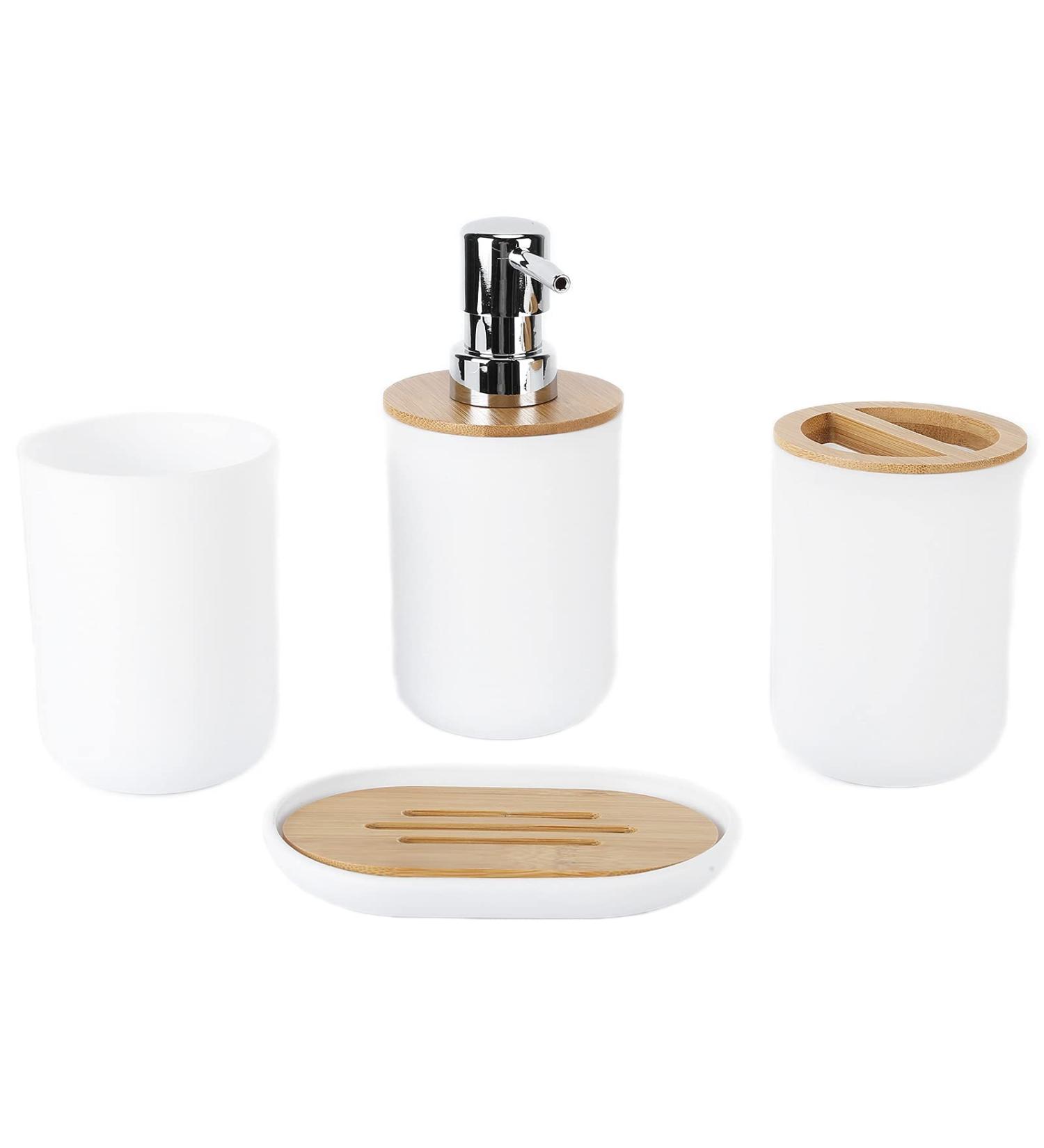 Yuugaa 4-Piece Bamboo Bathroom Set - Waterproof Accessories for Home & Hotel - Durable Gift Item - White Toothbrush Cup - Buy Online on GoSupps.com