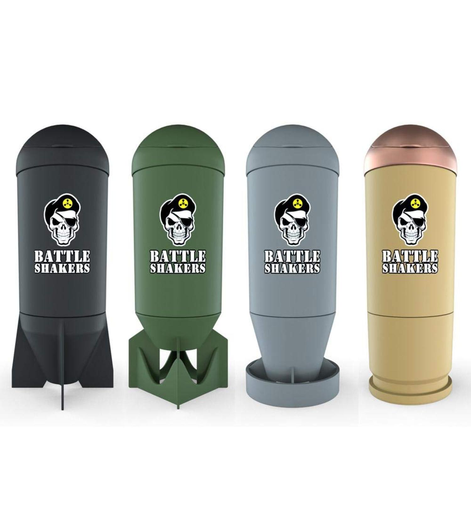 Battle Shakers Arsenal - Set of 4 Military Shaker Bottles 20 oz - Missile, Bomb, Torpedo, Bullet - Protein Cup with Storage Compartment - Dishwasher Safe & BPA Free - Buy Online on GoSupps.com