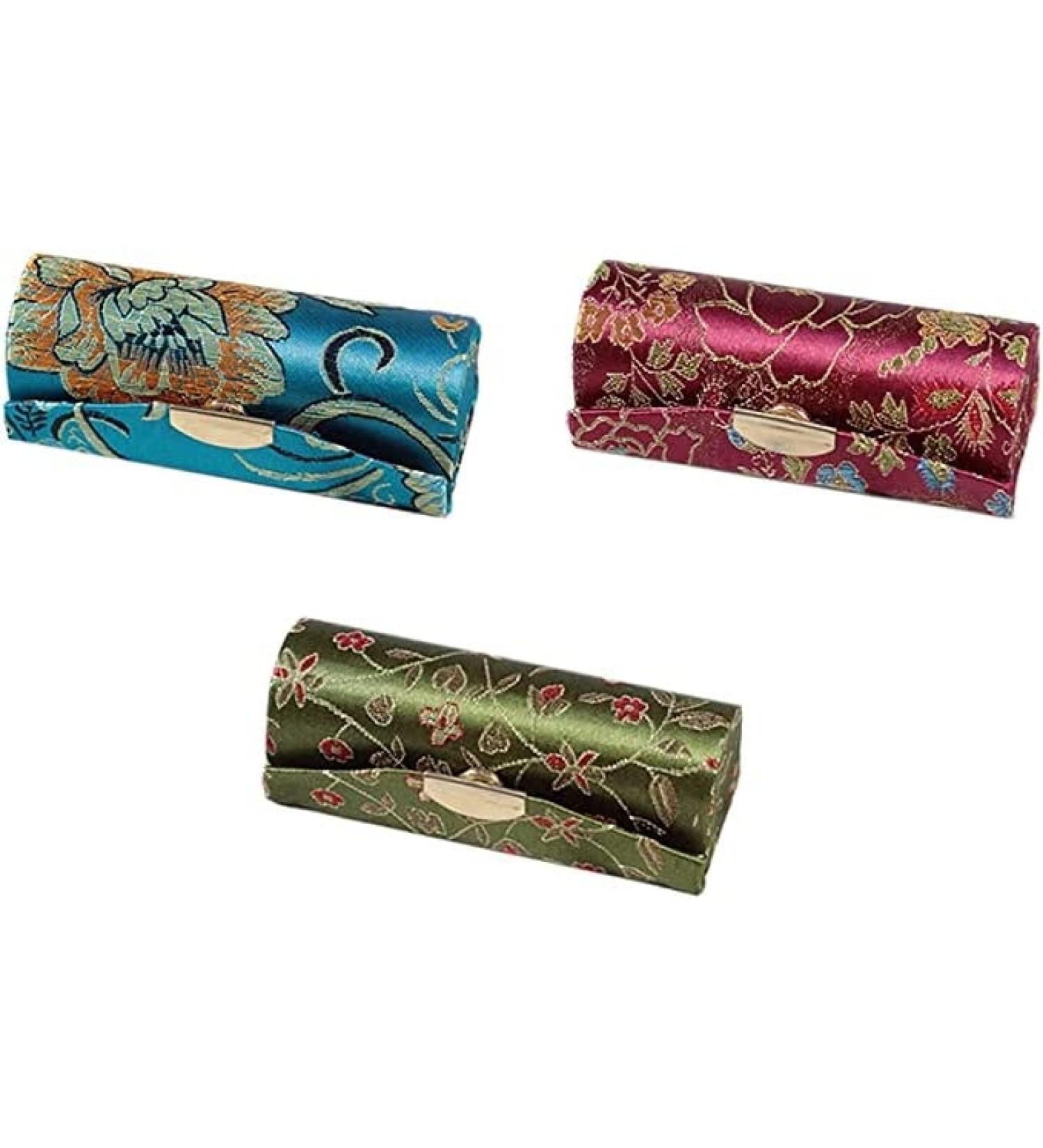 WiiAiloo Classic Woven Satin Lipstick Case Organizer with Mirror - 3 Pcs Random Colors | Retro Floral Lipstick Holder for Women and Girls - Buy Online on GoSupps.com