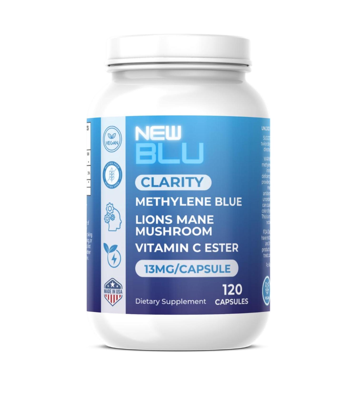 New Blu Methylene Blue Capsules | 120 Count | 13mg Methylene Blue (USP Grade) + Lions Mane + Vitamin C Ester | Clarity Capsules | 2 Month Supply - Buy Online on GoSupps.com