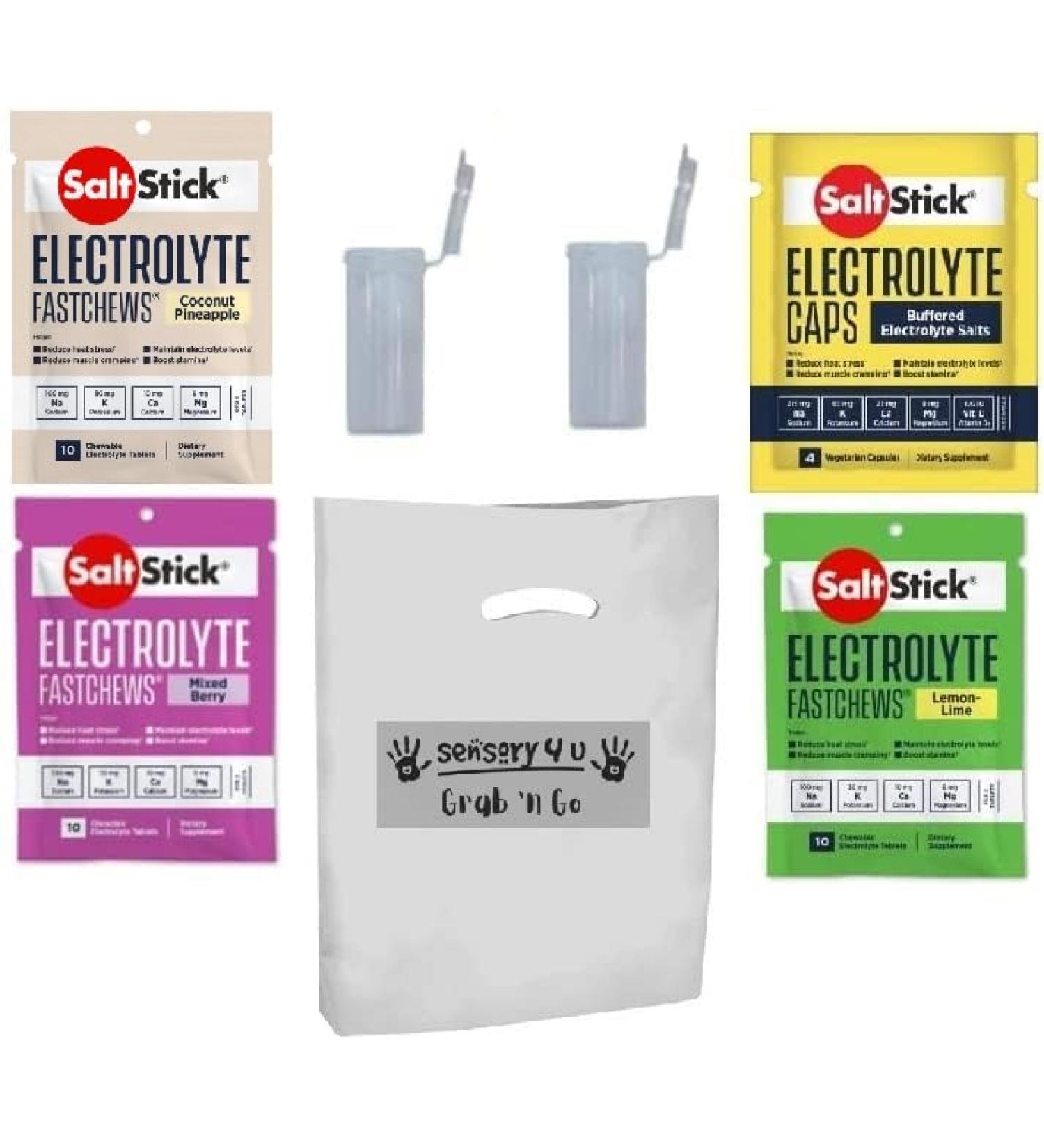 SENSORY4U Grab and Go Gift Set SaltStick with New Fastchews Flavors and Race Ready Tubes - Lemon Lime Coconut Pineapple and Mixed Berry Plus Electrolyte Capsules