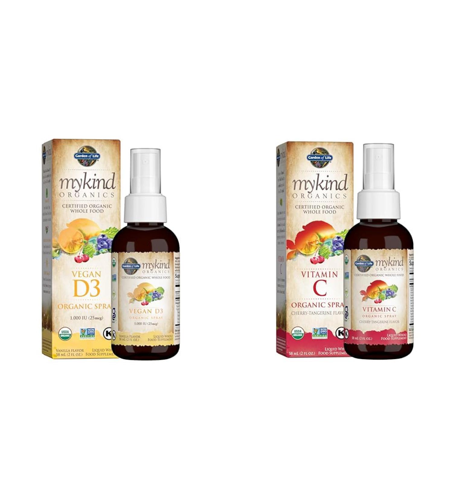 Garden of Life Organic Vegan Vitamin D3 1000 IU Liquid Spray with Omega Oils and Organic Vitamin C Spray for Immune Support 60mg - 2 fl oz Bottles - Buy Online on GoSupps.com