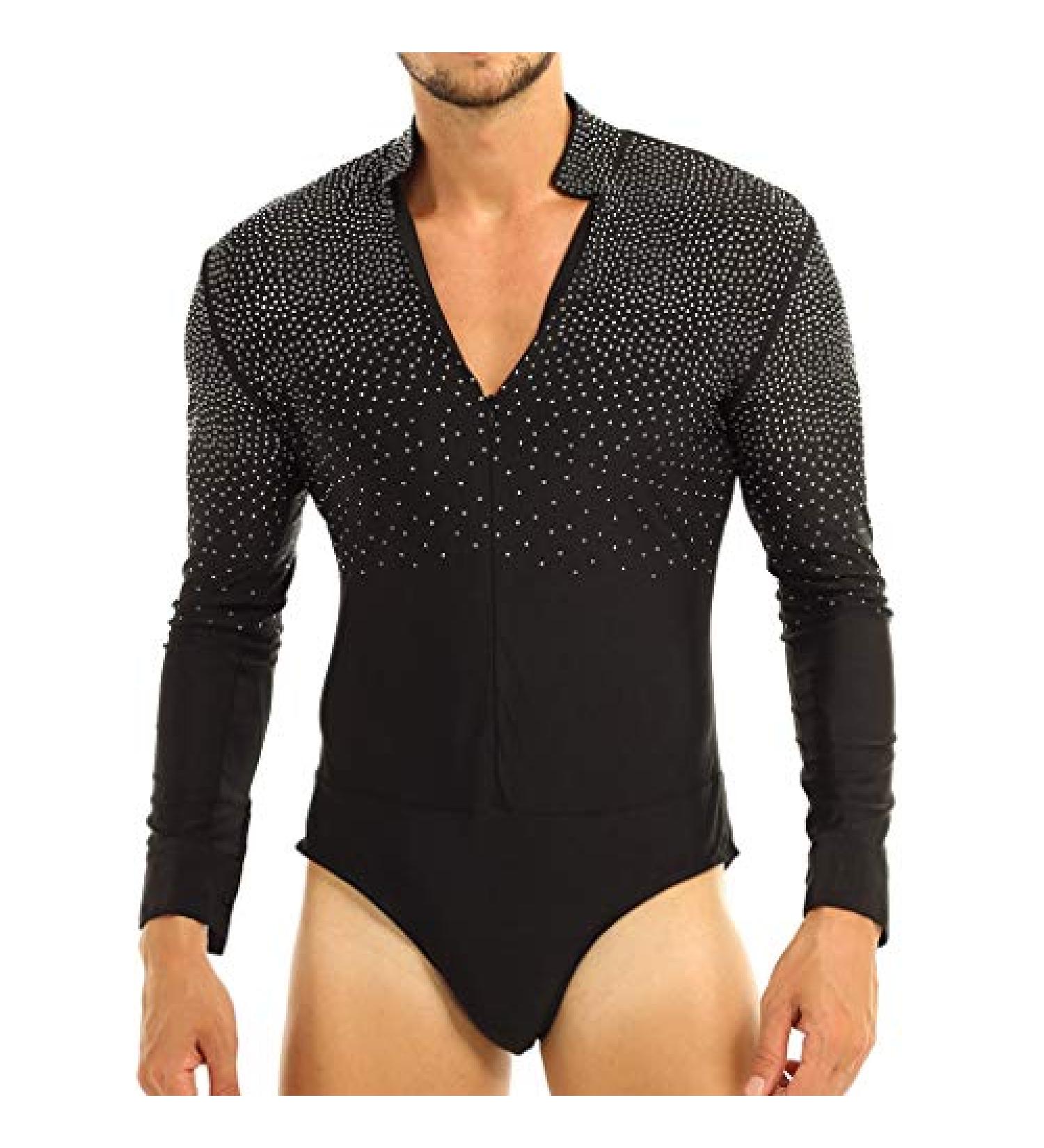 ACSUSS Men's Sequin V-Neck Dance Unitard, Ballroom Latin Dancewear - Black, Medium - Buy Online on GoSupps.com
