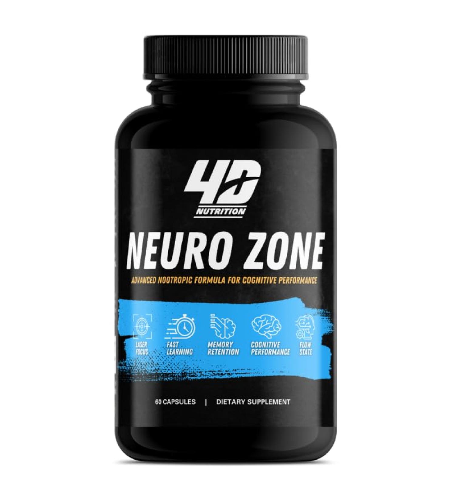 4D NUTRITION Neuro Zone Advanced Nootropic Formula for Cognitive Performance Men & Women Caffeine-Free Focus Concentration Brain & Memory Support 60 Capsules