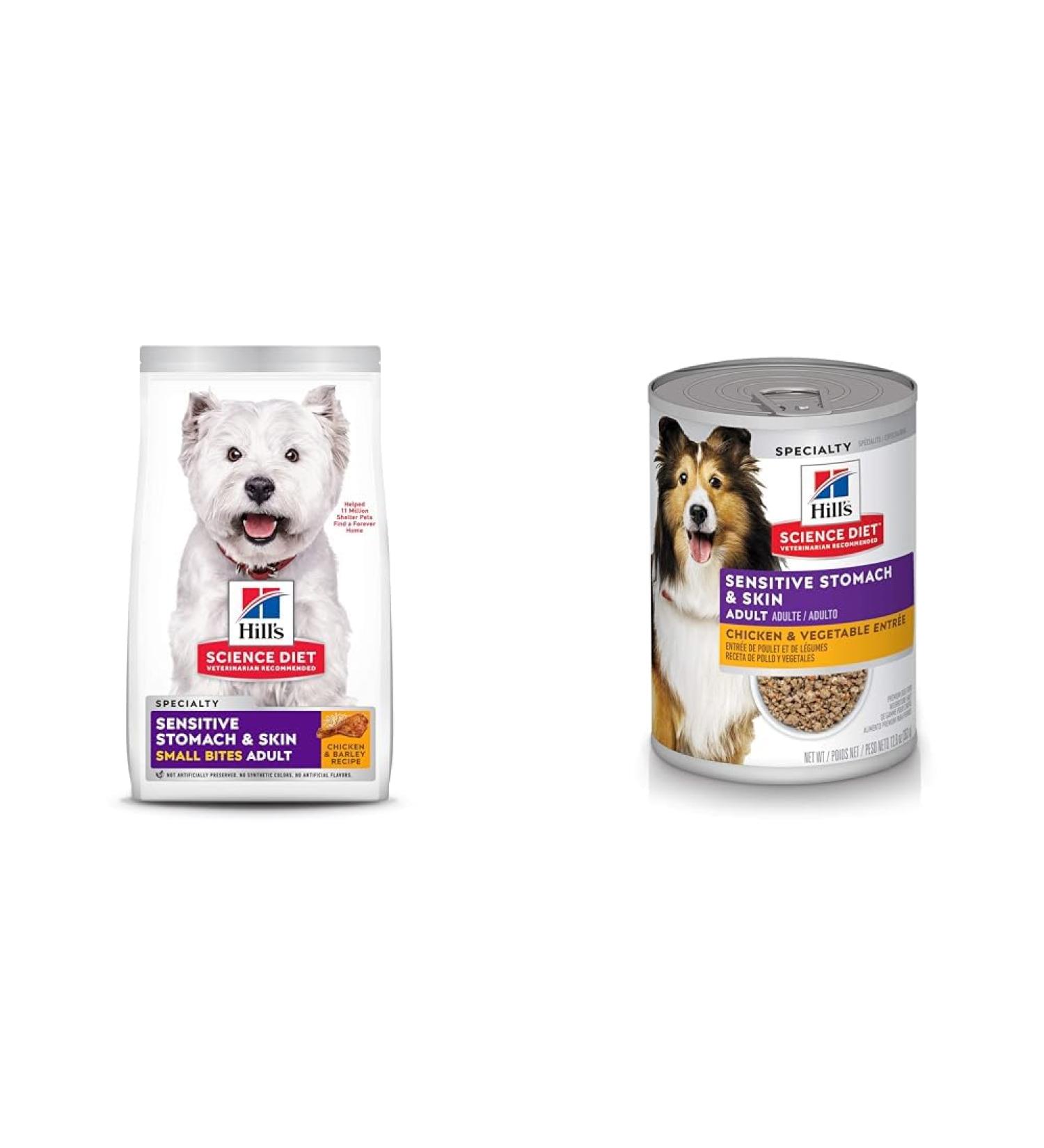 Hill's Science Diet Adult Sensitive Stomach & Skin Small Bites Dry Dog Food Chicken Recipe & Adult Sensitive Stomach & Skin Canned Dog Food Chicken & Vegetable Entr e 12.8 oz 12 Pack wet dog food - Buy Online on GoSupps.com