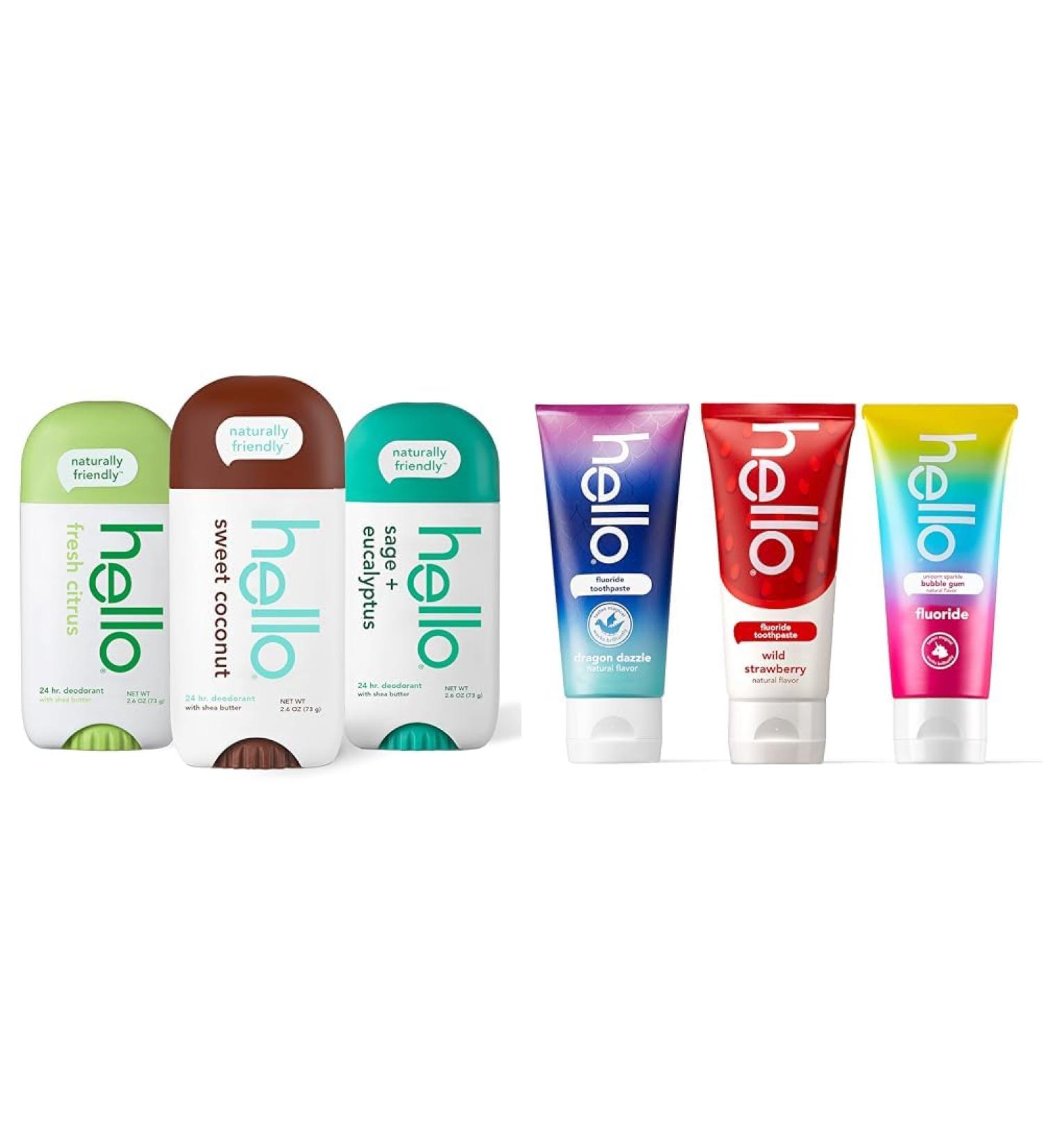 hello Deodorant Variety Pack (Coconut Citrus Sage) + Toothpaste Variety Pack (Unicorn Strawberry Dragon) for Women Men Kids - Buy Online on GoSupps.com