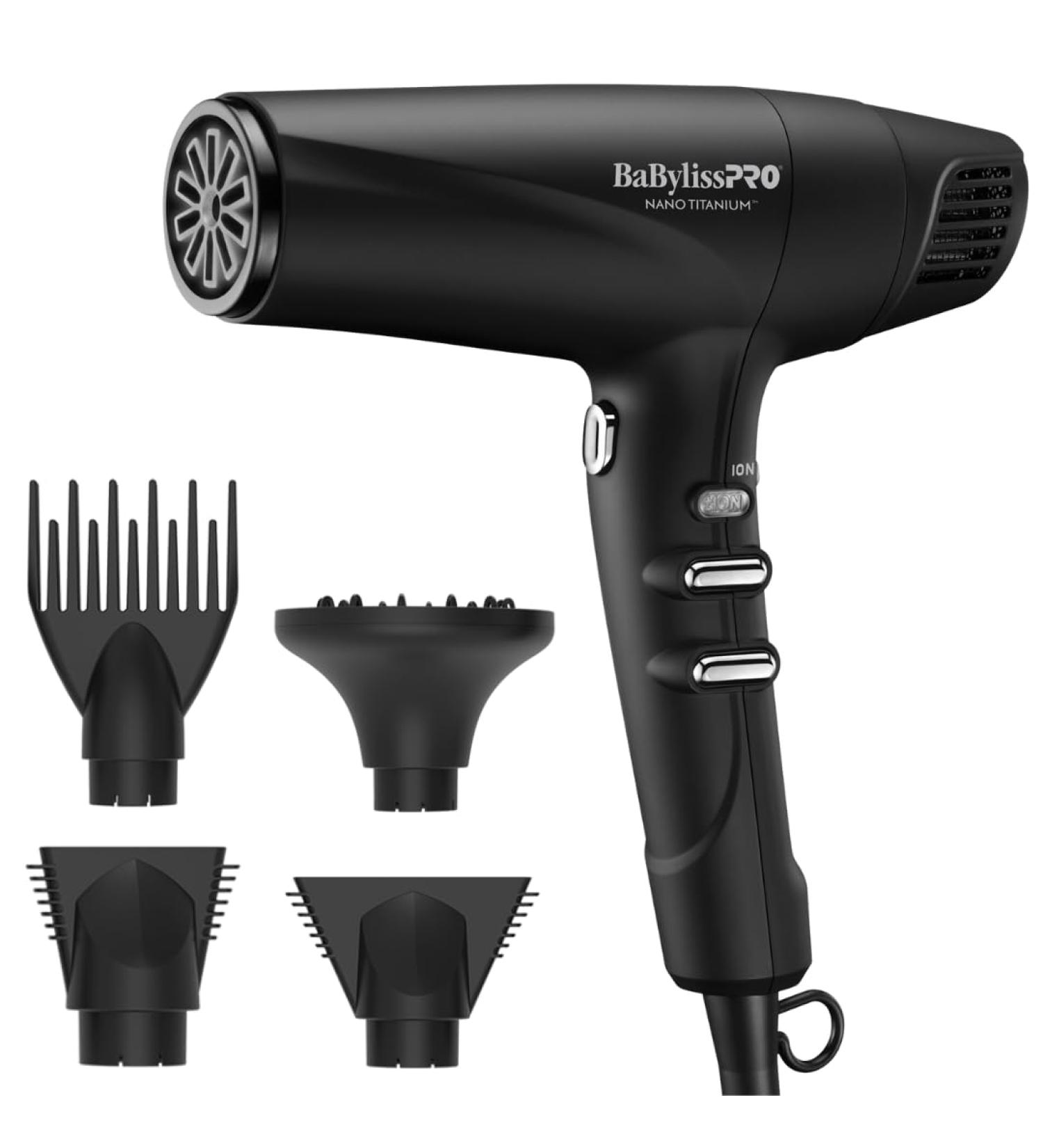 BaBylissPRO Nano Titanium Dual Ionic Lightweight High Speed Hairdryer with 2 Nozzles Diffuser and Straightening pick Black - Buy Online on GoSupps.com