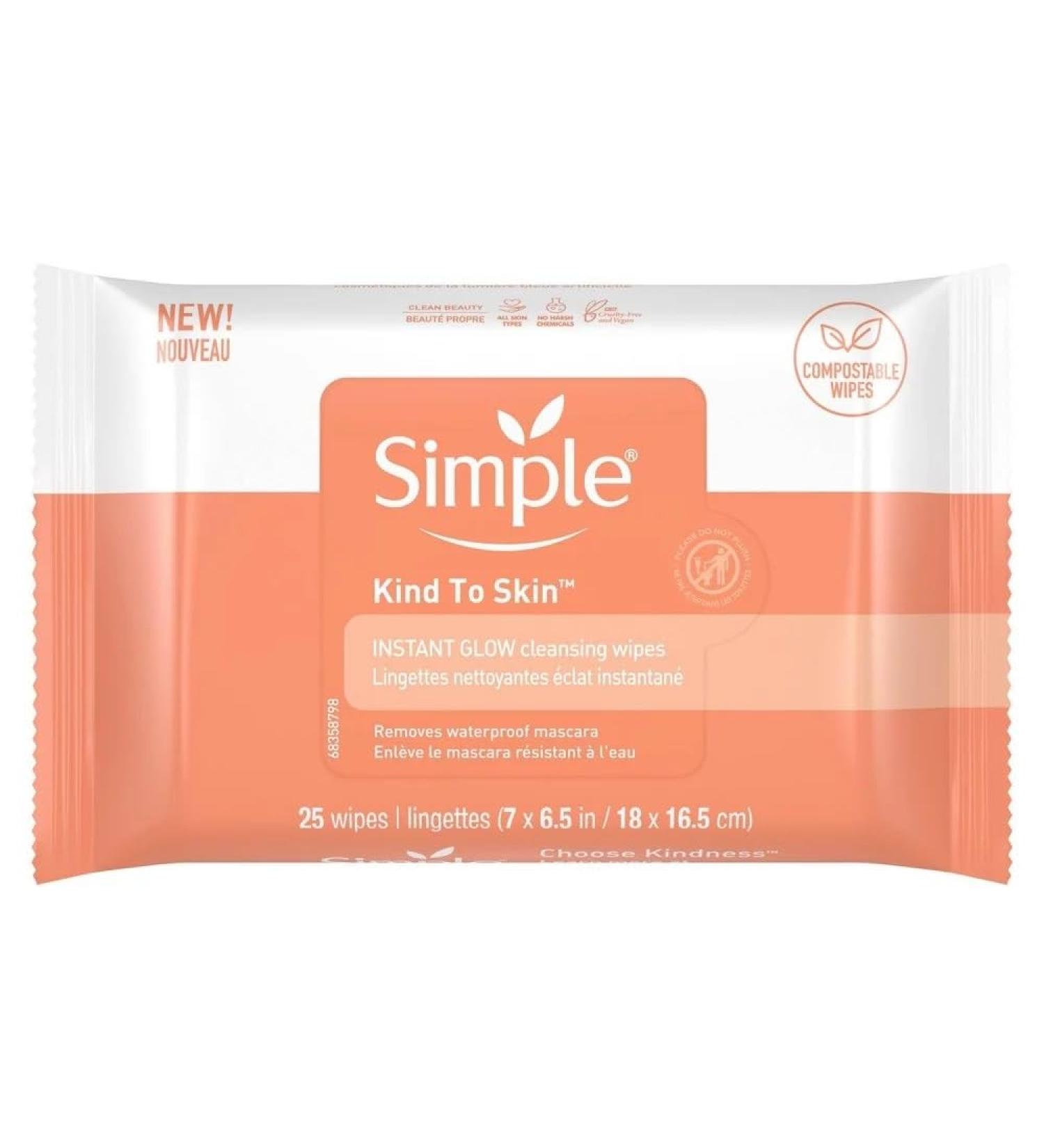 Simple Kind to Skin Instant Glow Facial Cleansing Wipes - 25 Makeup Removal Wipes for Waterproof Mascara | International Shipping - Buy Online on GoSupps.com