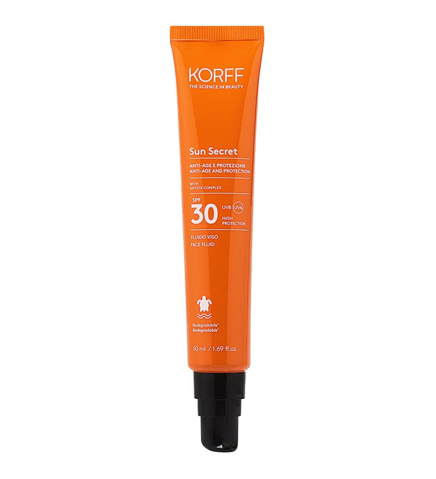 Korff Sun Secret Face Fluid Spf30 Soft Texture Fluid Cream High Uvb and Grape Protection Biodegradable Water Resistant 50 ml - Buy Online on GoSupps.com