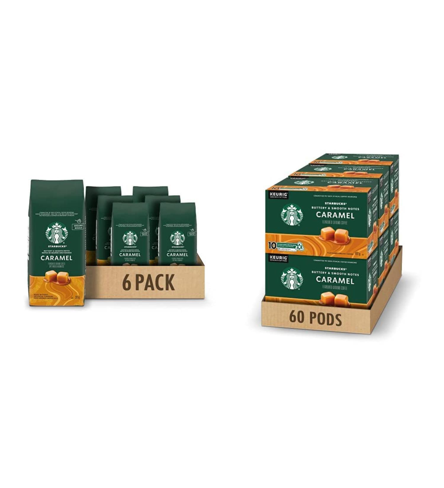 STARBUCKS Caramel Flavoured Ground Coffee 311g Bag & Caramel K-Cups Single Serve Keurig Compatible Caramel Flavoured Coffee Pods for Keurig Brewers - 60 Capsules - Buy Online on GoSupps.com
