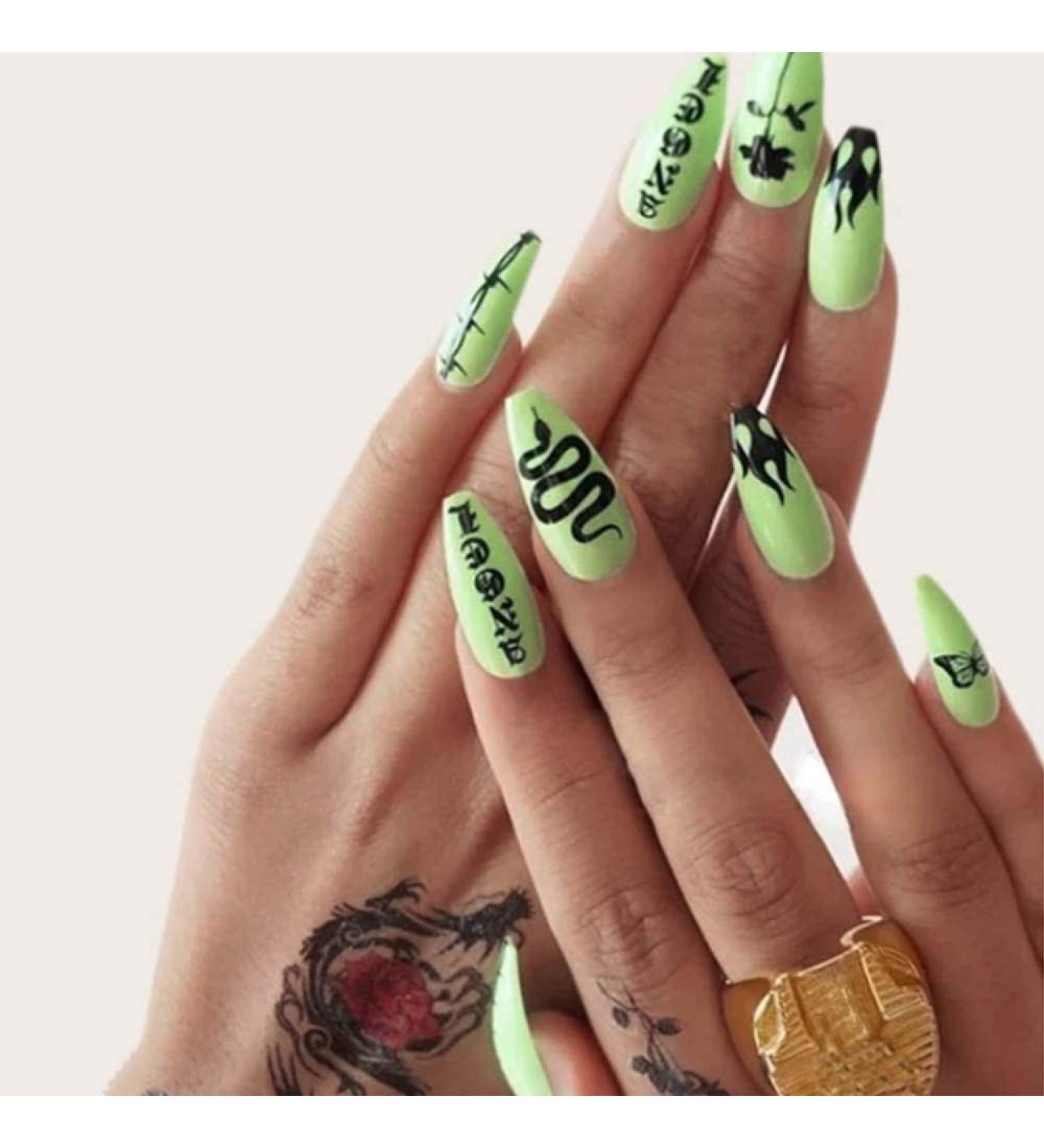 Poliphili 24Pcs Neon Green Acrylic False Nails - Fashion Glossy Full Cover Coffin Pattern Fake Nails Kit for Women and Girls - Buy Online on GoSupps.com