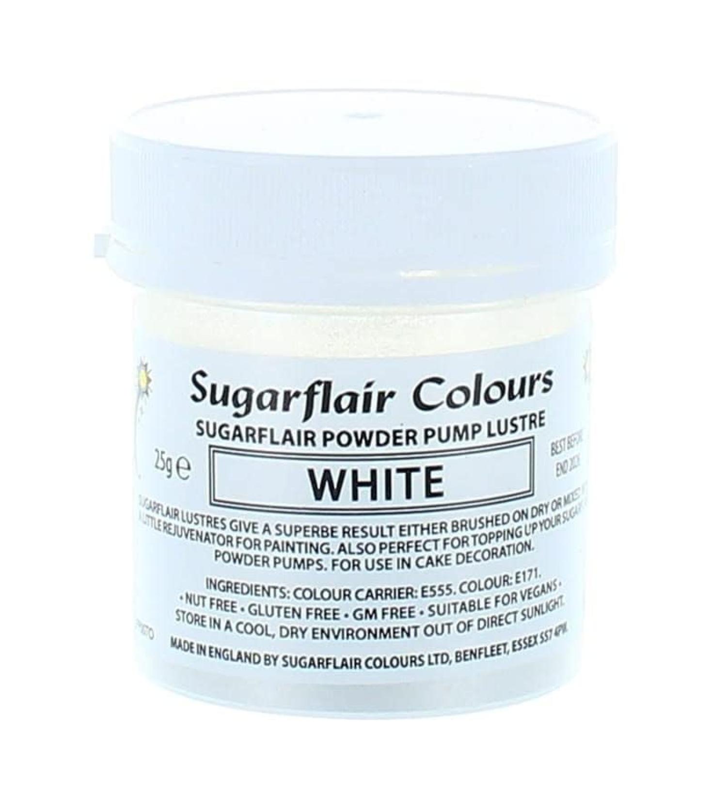 Sugarflair Colours Edible Power Pump Lustre - White - Food Colouring Powder Edible Colour Dust Brush On Spray or Add Rejuvenator to Create Eye-Catching Paint Effect - 25g