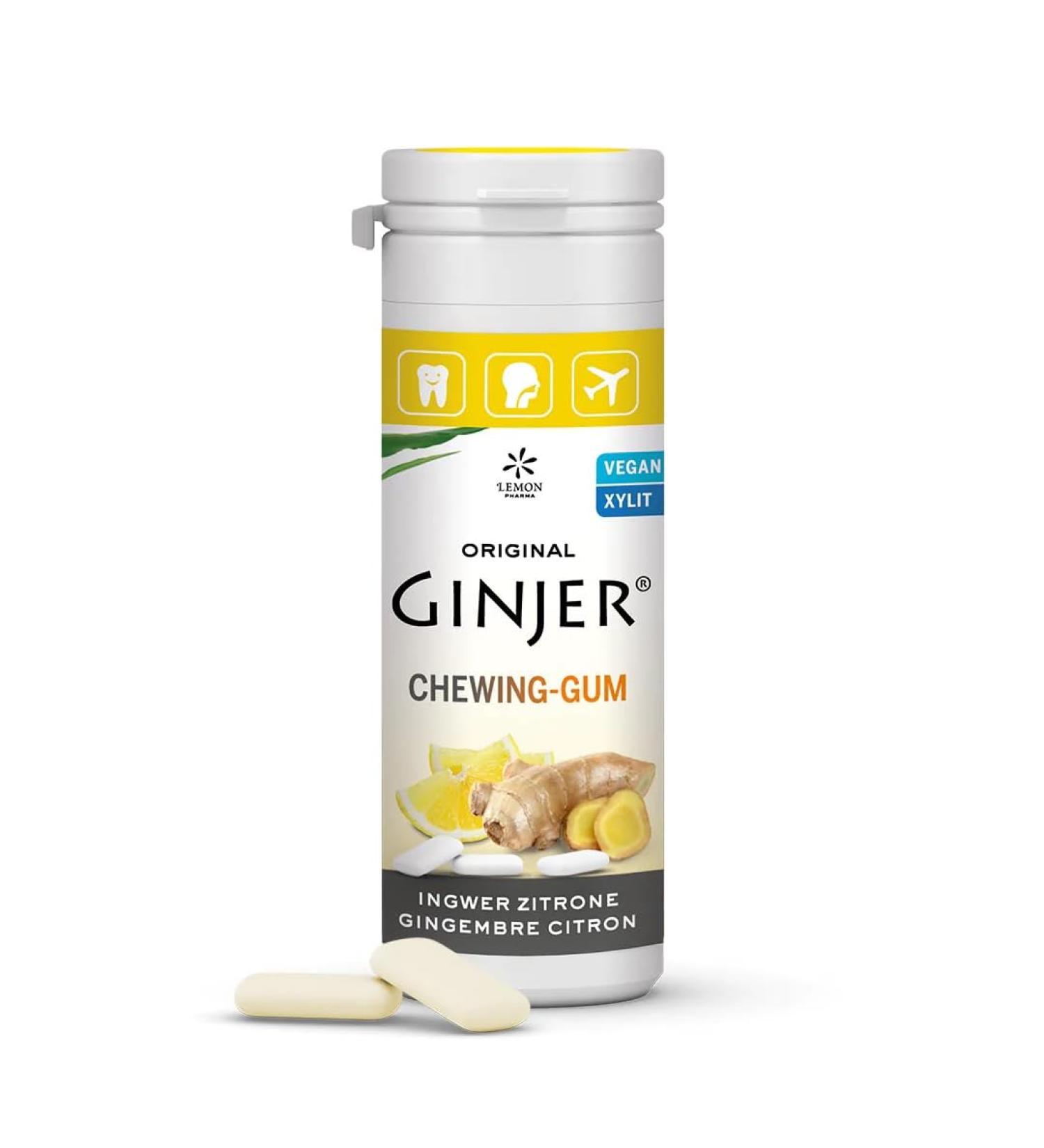 Original GINJER Ginger Chewing Gum Lemon from Lemon Pharma Vegan and Sugar-free