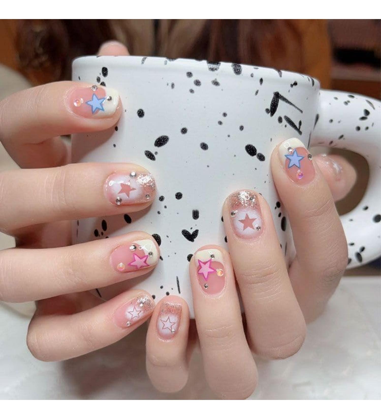 Naked color handmade wearing armor short colorful star burst diamond cute fake nail patches 10PCS (Size : M)