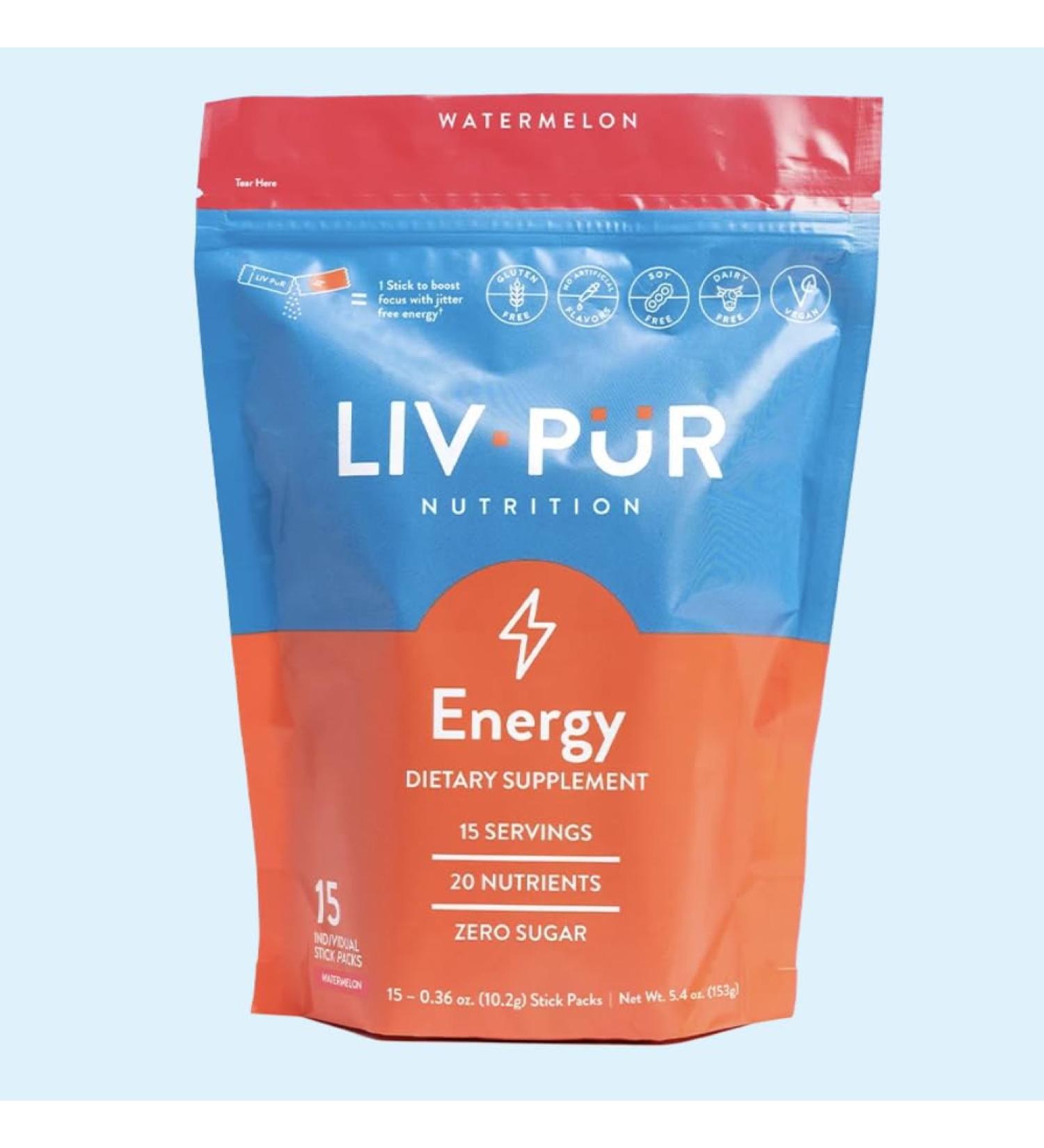 Energy Supplement Powder | Supports Focus & Mental Clarity | Slow-Absorbing Natural Caffeine for Jitter-Free Energy | Vitamins B12 & C | Watermelon Energy 15 Sticks