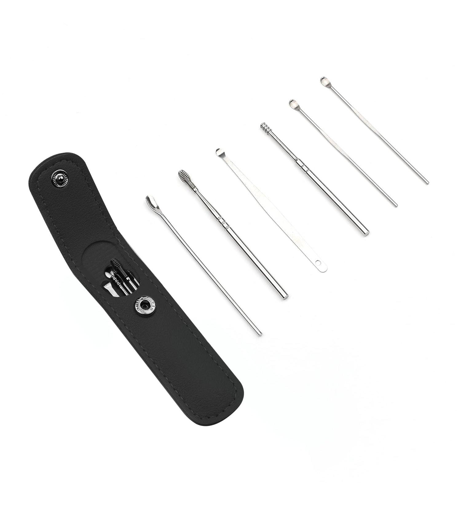 NAUZE 6Pcs Stainless Steel Ear Wax Removal Kit - Reusable Metal Ear Cleaner for Children and Adults - Includes Portable Bag (Black) - Buy Online on GoSupps.com