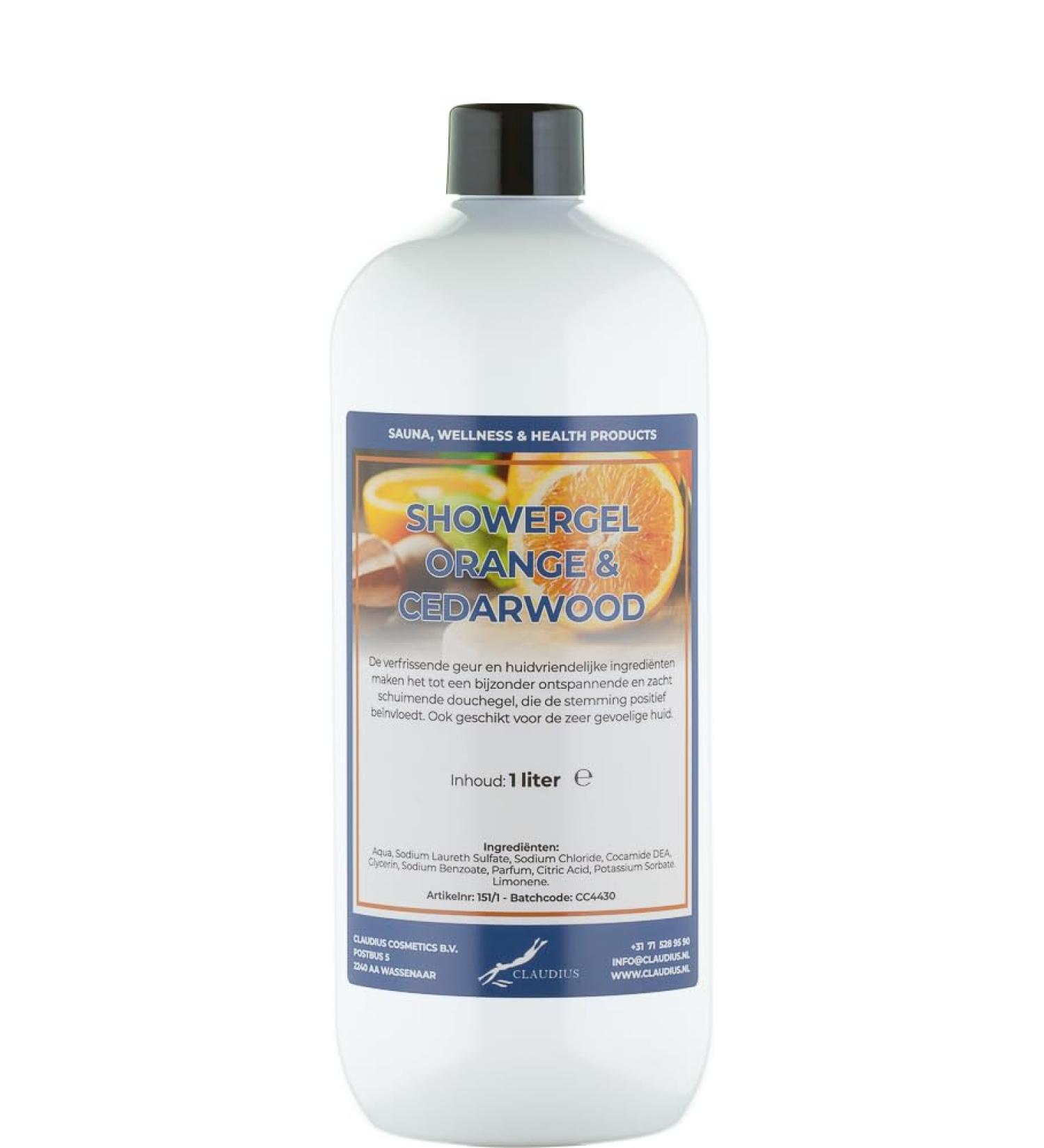 Claudius Showergel Sweet Orange & Cedarwood 1 liter met dop wit