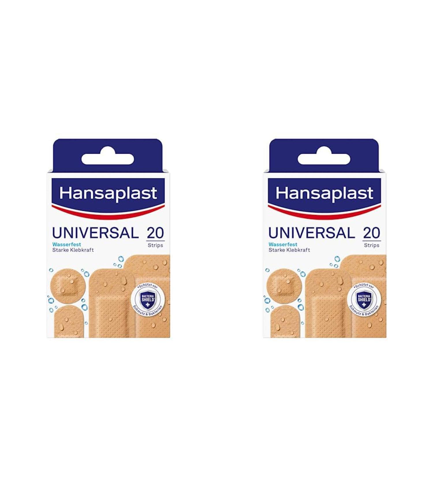 Hansaplast Universal Pflasters - Water-Repellent Wound Plasters (20 Strips 2-Pack) with Strong Adhesive & Bacteria Shield for Optimal Protection - Buy Online on GoSupps.com