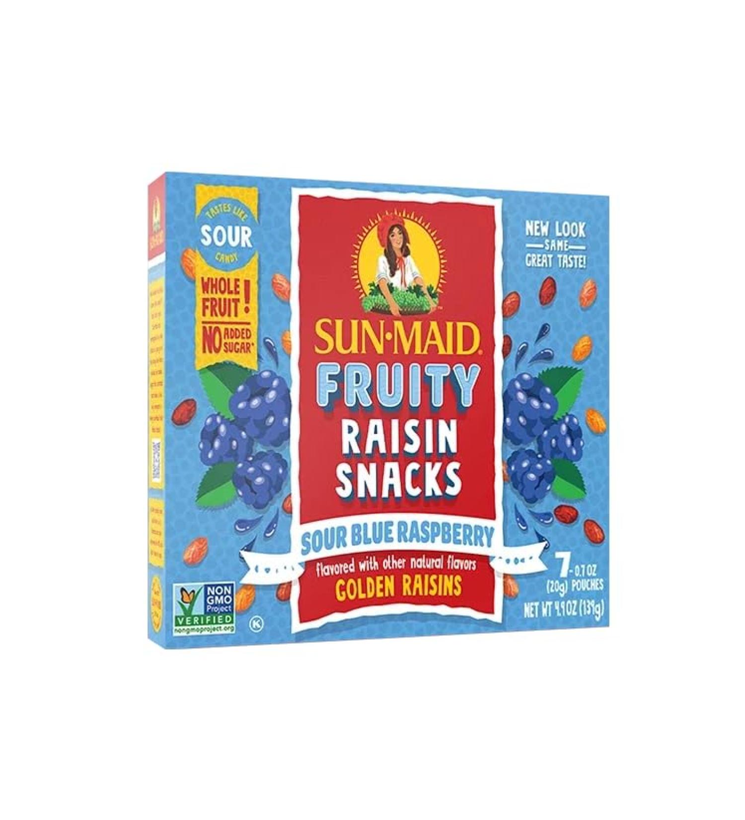 Sour Blueberry Raspberry Flavoured Raisins Snack Bundle. Includes (1) Package of Sun-Maid Fruity Raisin Snacks Sour Blue Raspberry Flavour (140g box 7 pouches) with BIG MAPLE Trivia Cards to Enjoy with Your Snack - Buy Online on GoSupps.com
