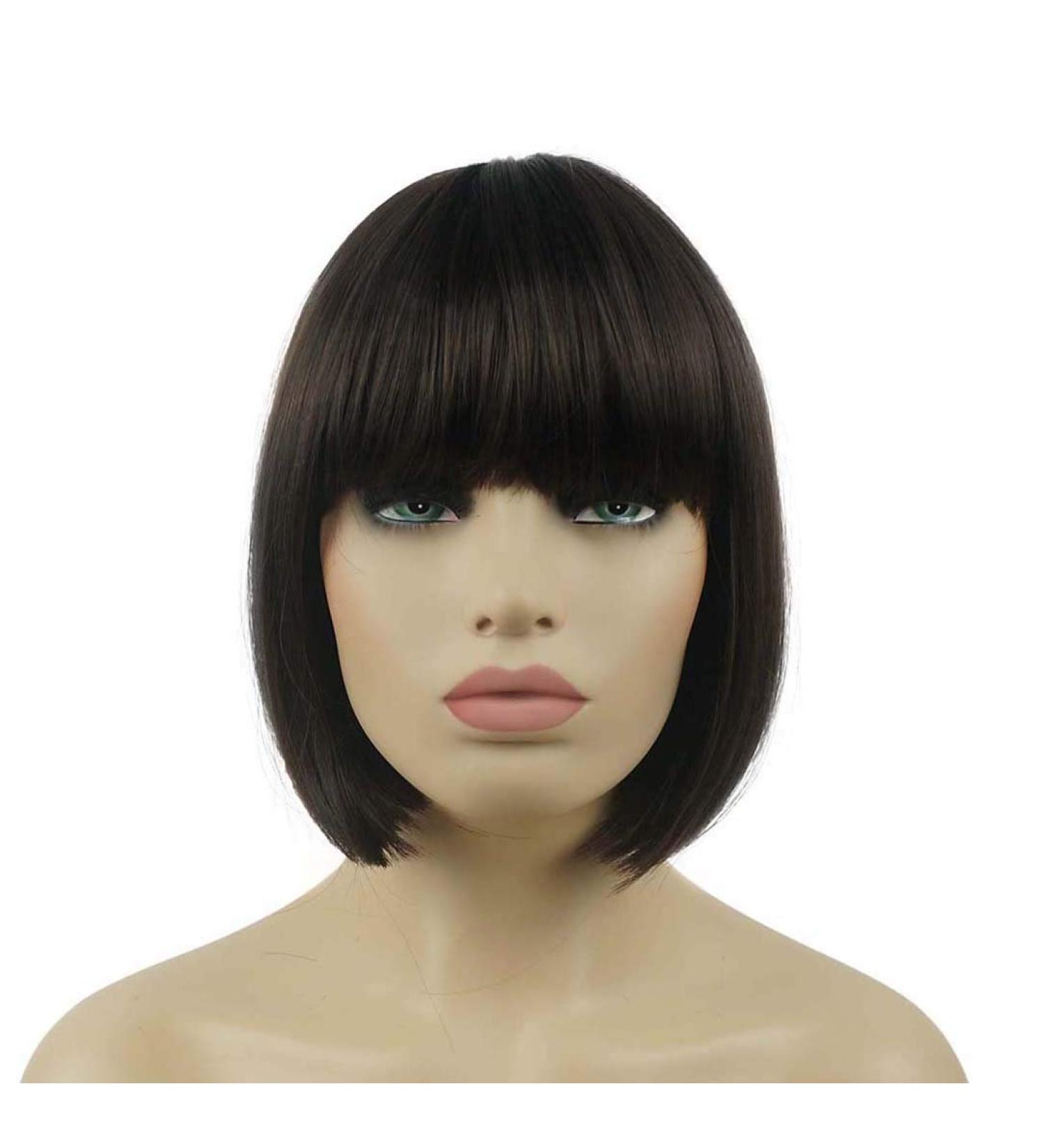 Lydell 8 Short Bob Chestnut Brown Synthetic Wig with Flat Bangs & Central Dot - Heat Resistant Hairstyle - Buy Online on GoSupps.com