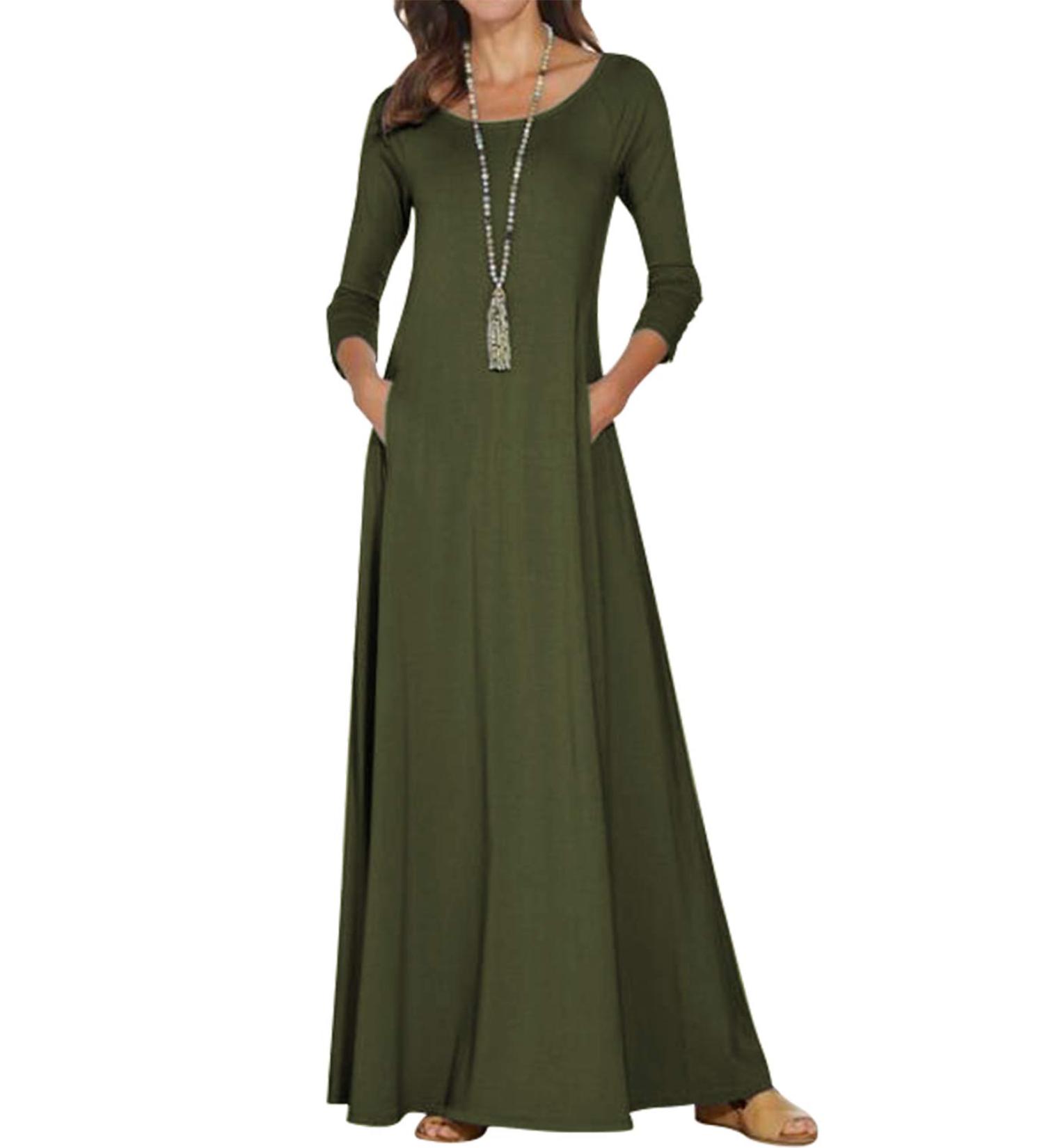 Jacansi Women's Boat Neck Maxi Dress with Pockets - 3/4 Sleeve, L Green - Buy Online on GoSupps.com