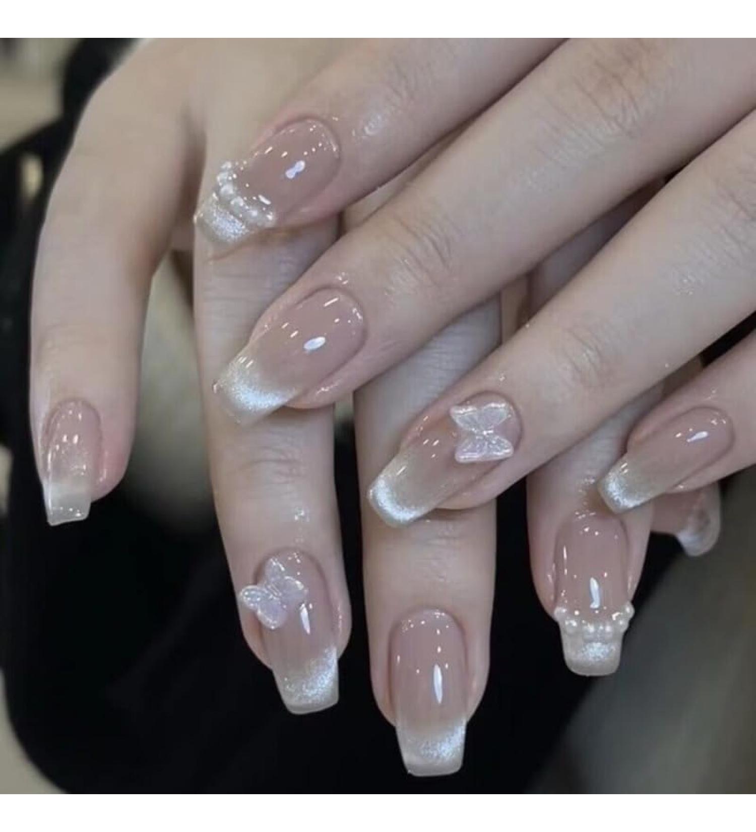 Handmade Phototherapy Wearing Nail Butterfly Cat Eye Nail Patch Reusable False Nails(Long pink M) - Buy Online on GoSupps.com