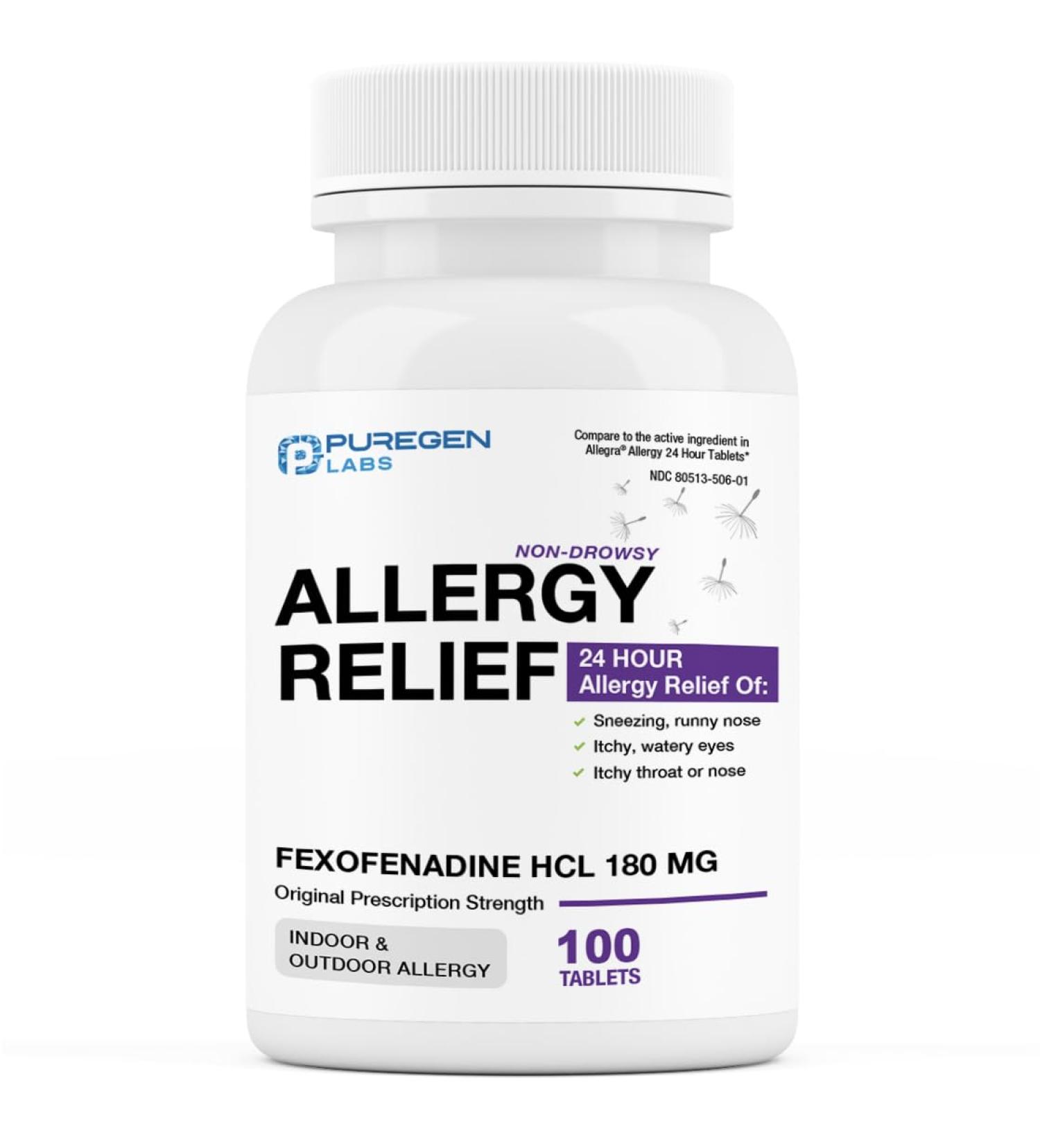 Puregen Labs Allergy Relief Fexofenadine 180mg 100 Tablets 24 Hour Non-Drowsy Antihistamine Allergy Medicine for Runny Nose Sneezing Itchy Watery Eyes - Made in USA - Buy Online on GoSupps.com